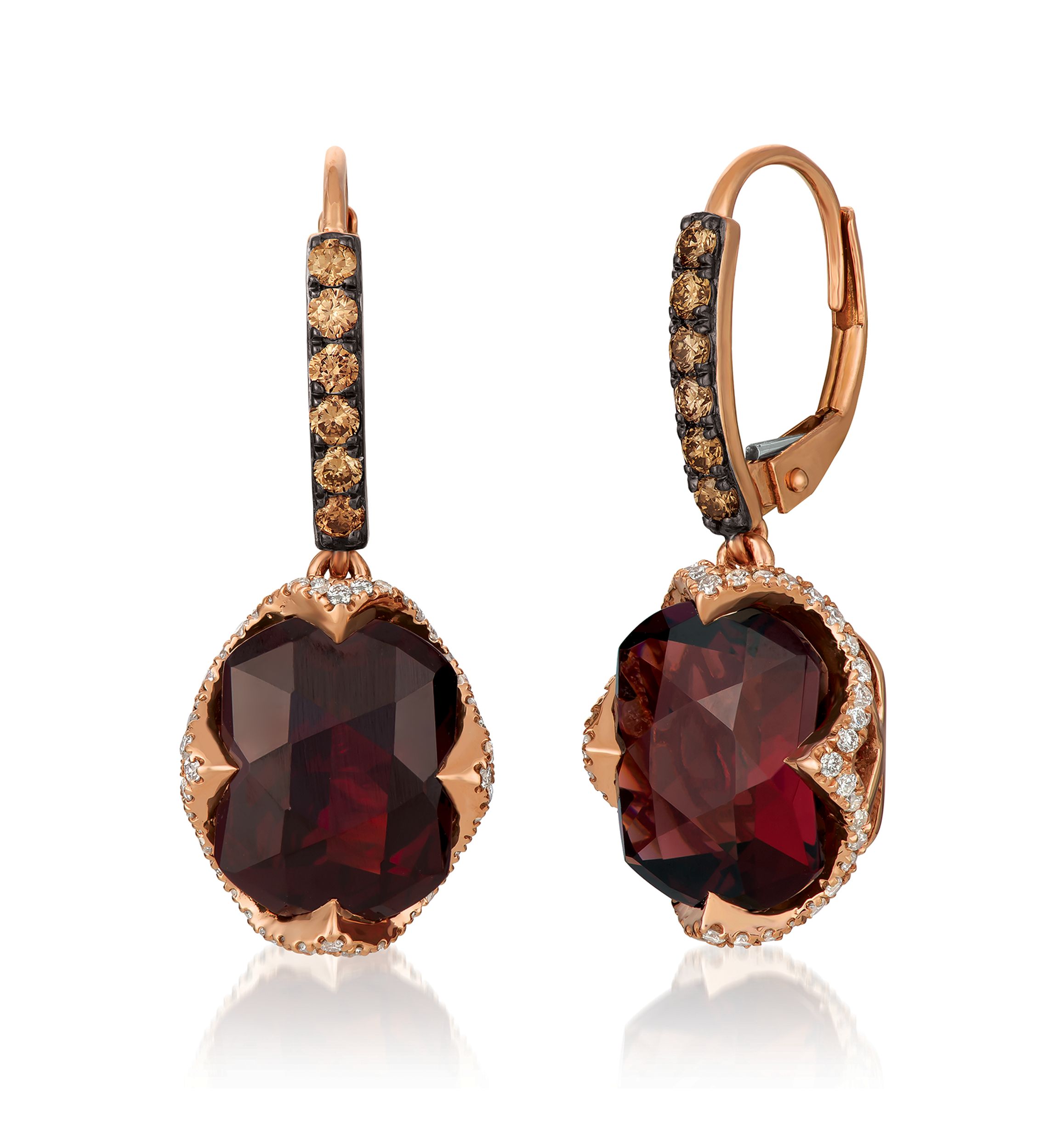 9.63 ct. t.w. Pomegranate Garnet™, 1/3 ct. t.w. Chocolate Diamonds®, 3/8 ct. t.w. Vanilla Diamonds® Chocolatier® Earrings in 14K Strawberry Gold®