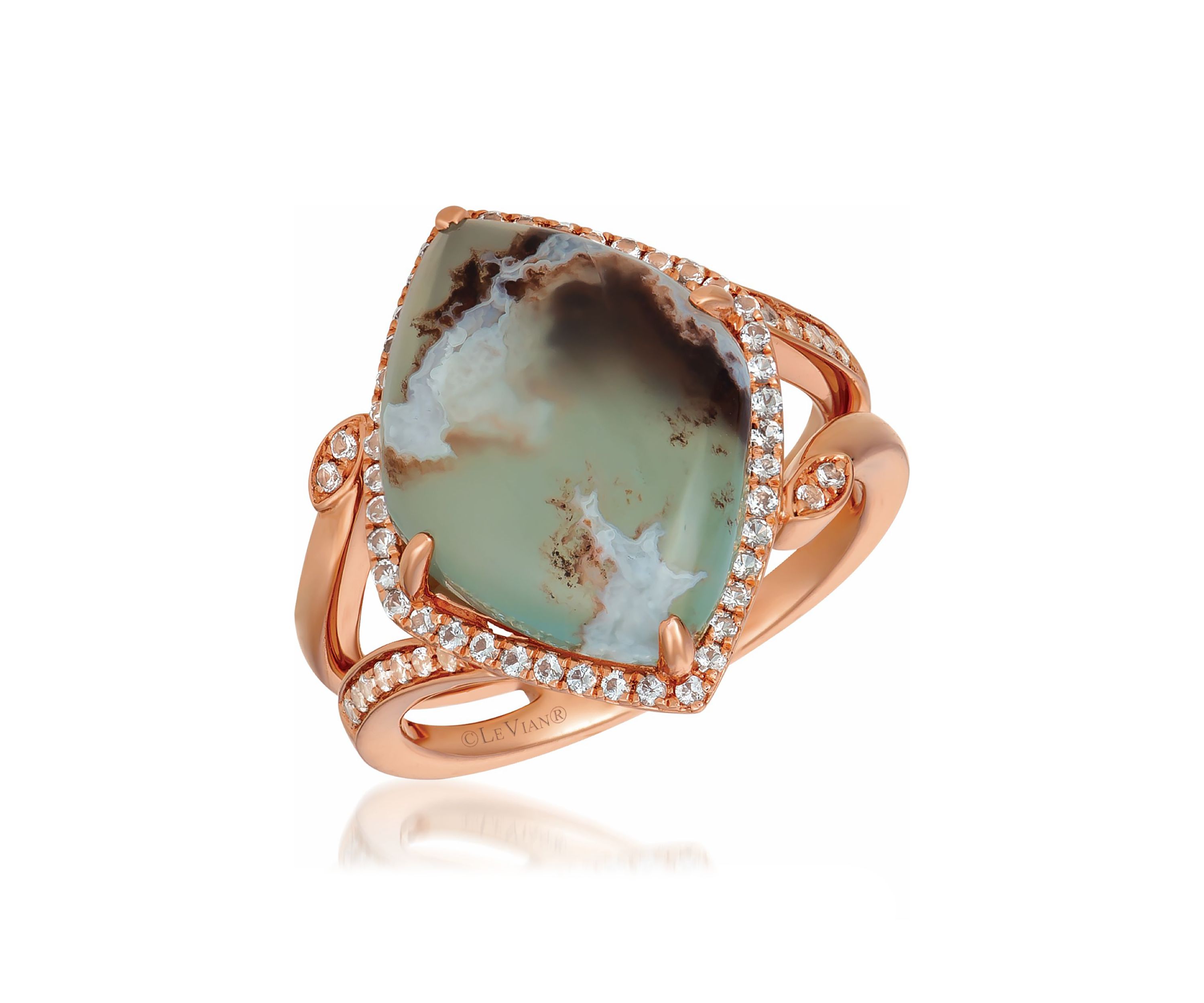  Ring featuring 7.2 ct. t.w. Peacock Aquaprase™, 1/3 ct. t.w. Vanilla Topaz™  set in 14K Strawberry Gold®