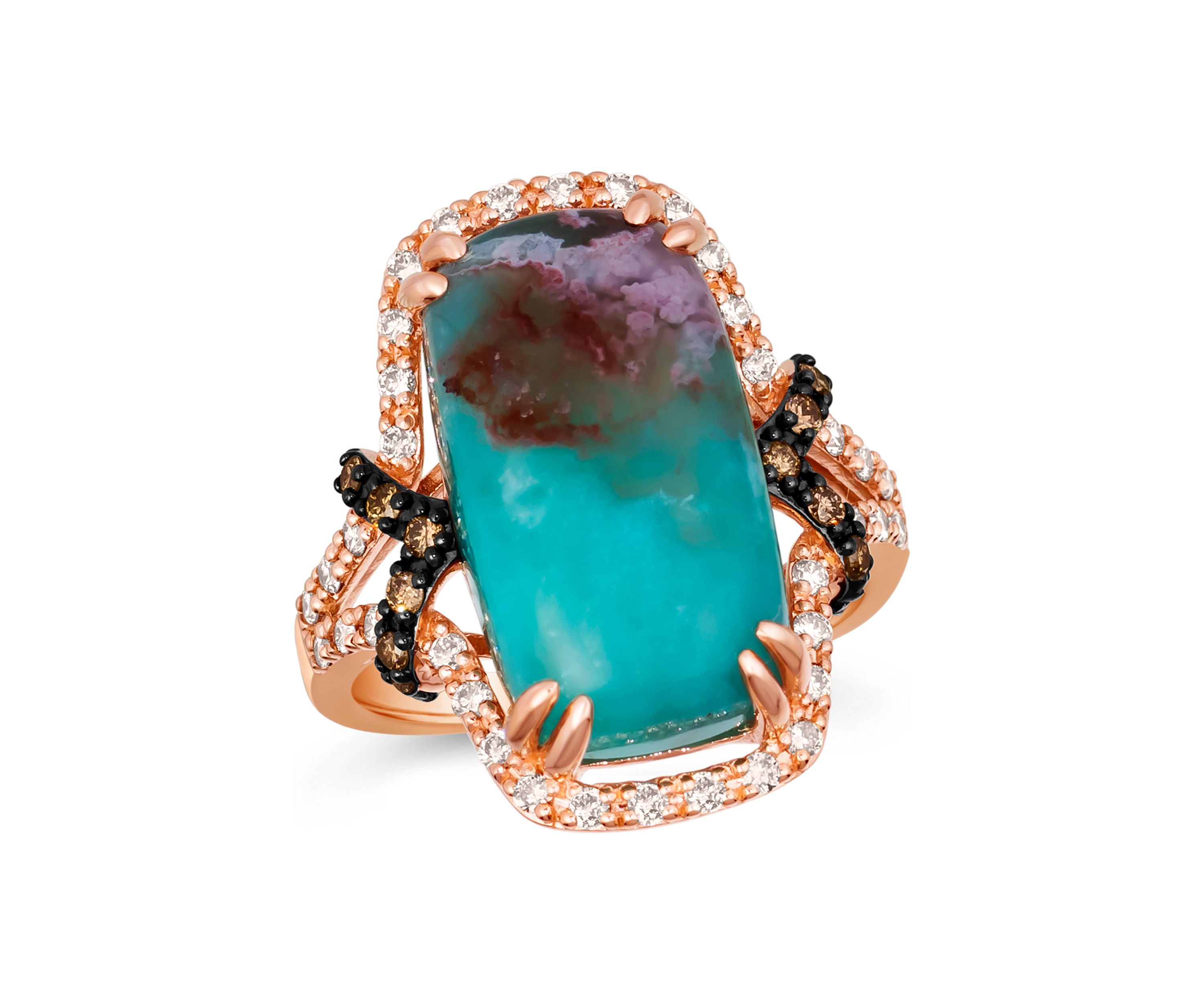 Ring featuring 9.75 ct. t.w. Peacock Aquaprase™, 1/6 ct. t.w. Chocolate Diamonds®, 1/3 ct. t.w. Nude Diamonds™  in 14K Strawberry Gold®
