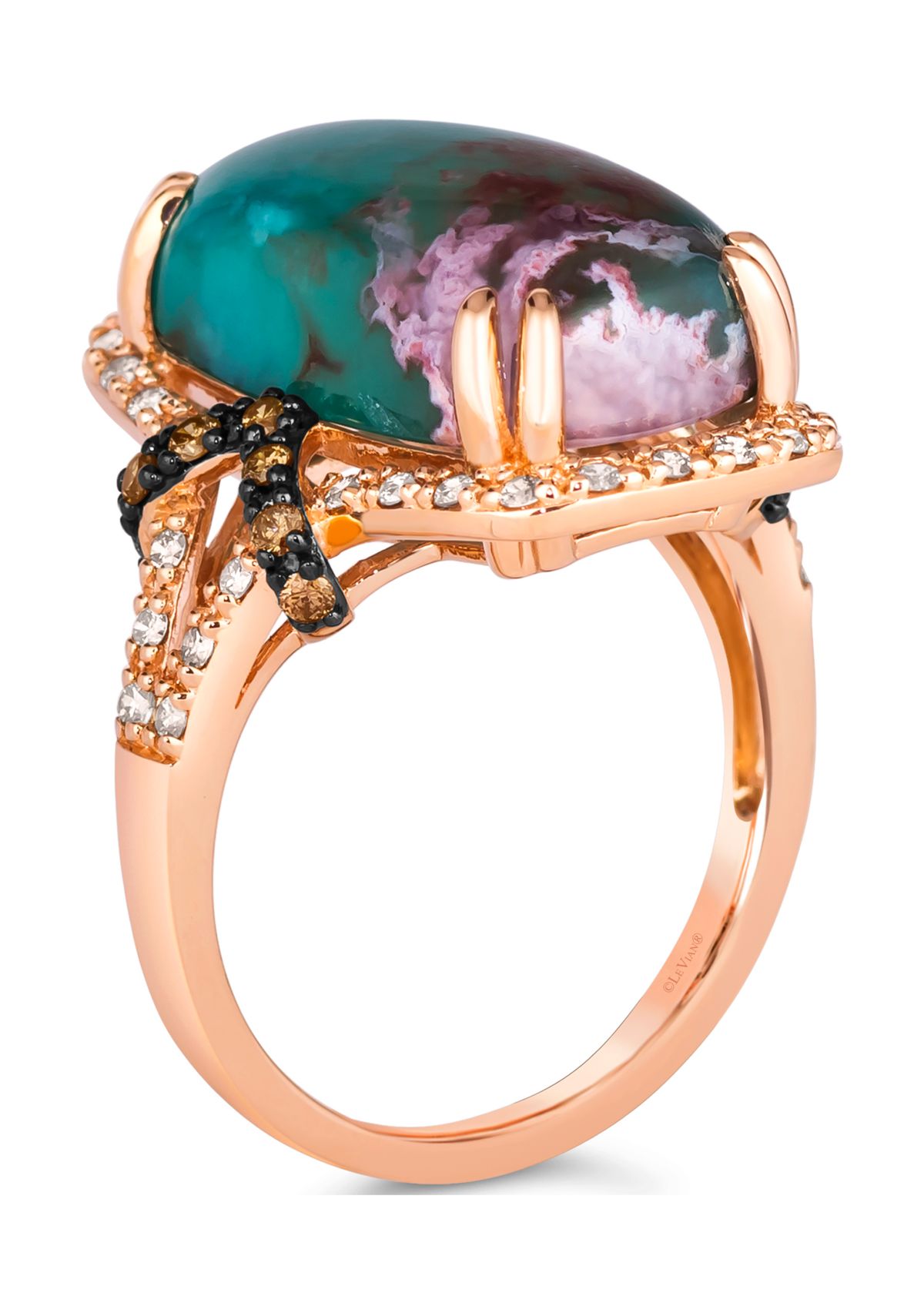 Ring featuring 9.75 ct. t.w. Peacock Aquaprase™, 1/6 ct. t.w. Chocolate Diamonds®, 1/3 ct. t.w. Nude Diamonds™  in 14K Strawberry Gold®