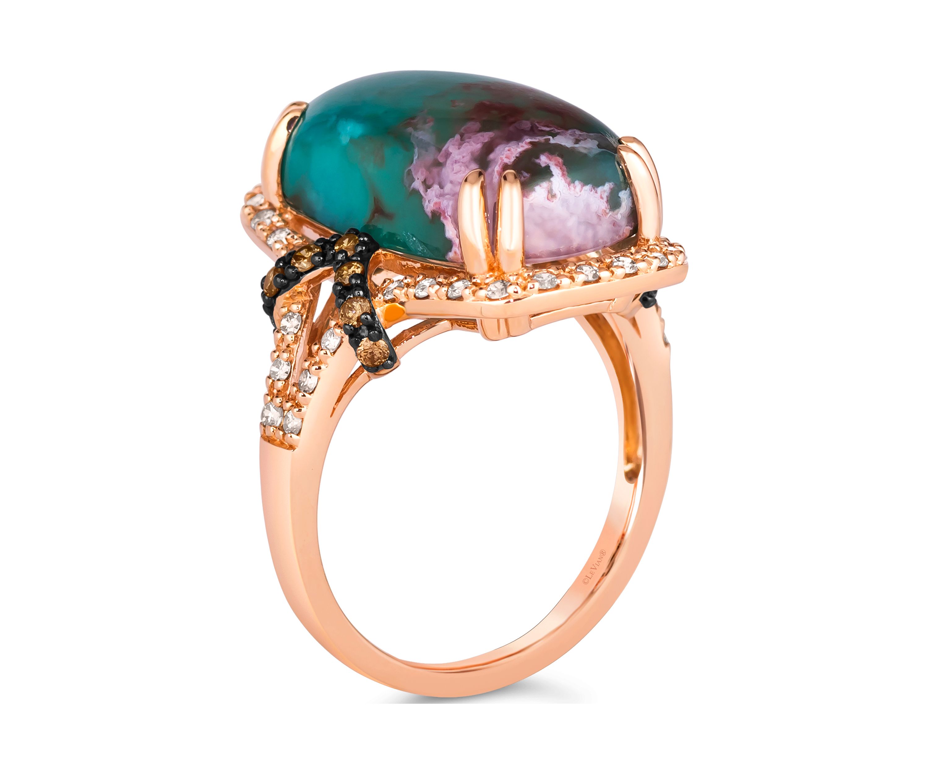 Ring featuring 9.75 ct. t.w. Peacock Aquaprase™, 1/6 ct. t.w. Chocolate Diamonds®, 1/3 ct. t.w. Nude Diamonds™  in 14K Strawberry Gold®