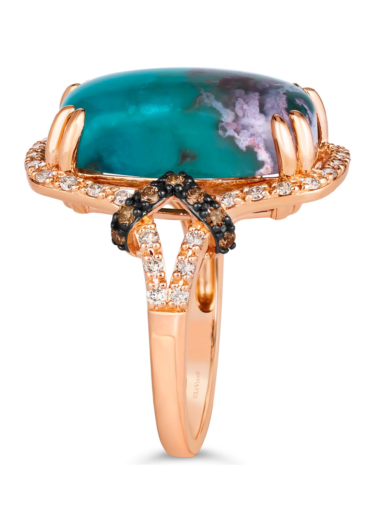 Ring featuring 9.75 ct. t.w. Peacock Aquaprase™, 1/6 ct. t.w. Chocolate Diamonds®, 1/3 ct. t.w. Nude Diamonds™  in 14K Strawberry Gold®