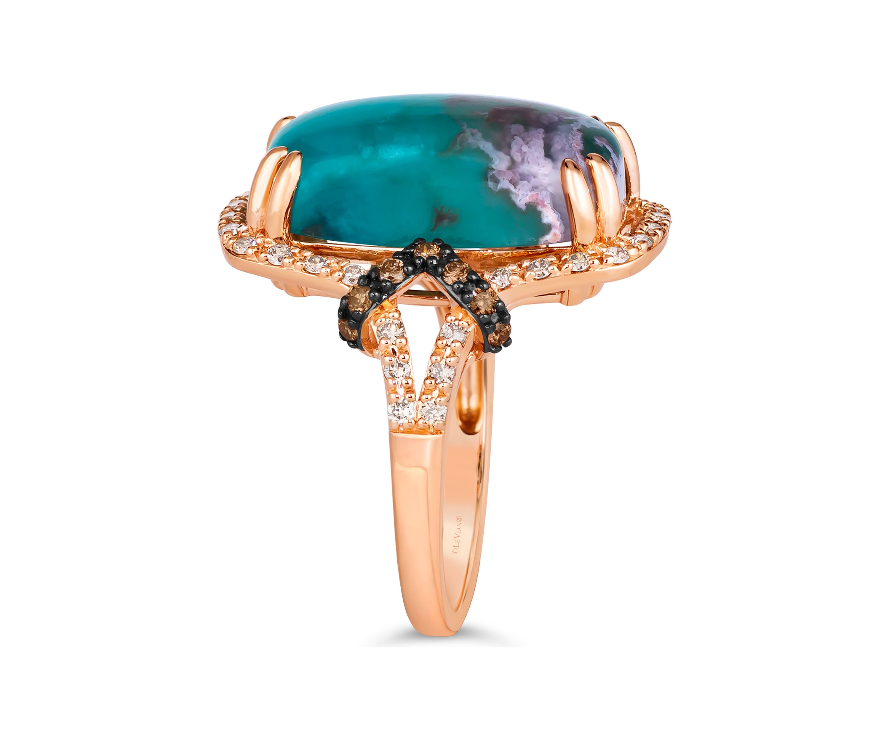 Ring featuring 9.75 ct. t.w. Peacock Aquaprase™, 1/6 ct. t.w. Chocolate Diamonds®, 1/3 ct. t.w. Nude Diamonds™  in 14K Strawberry Gold®