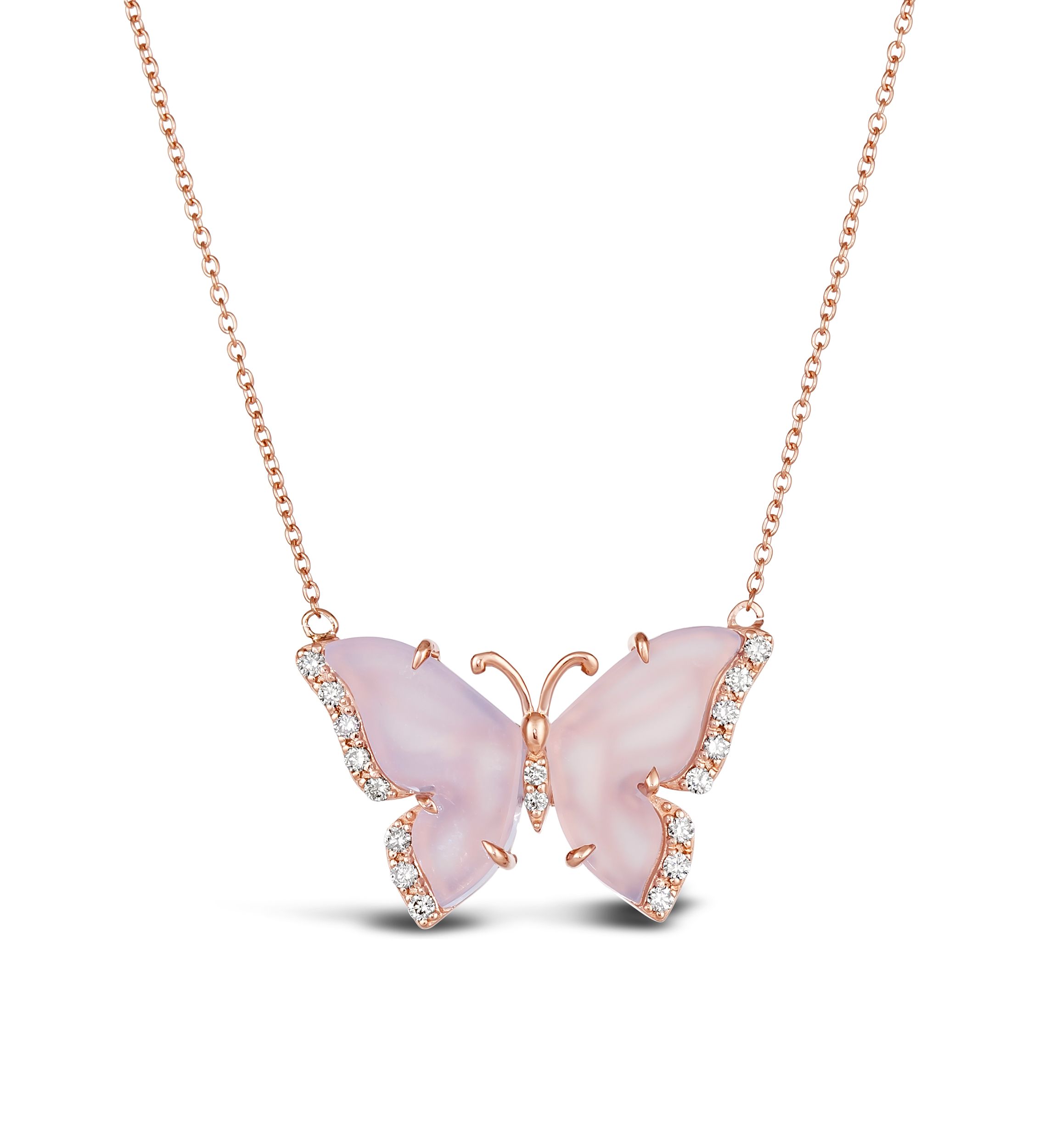 5.5 ct. t.w. Blue Chalcedony, 1/5 ct. t.w. Nude Diamonds™ Butterfly Necklace in 14K Strawberry Gold®