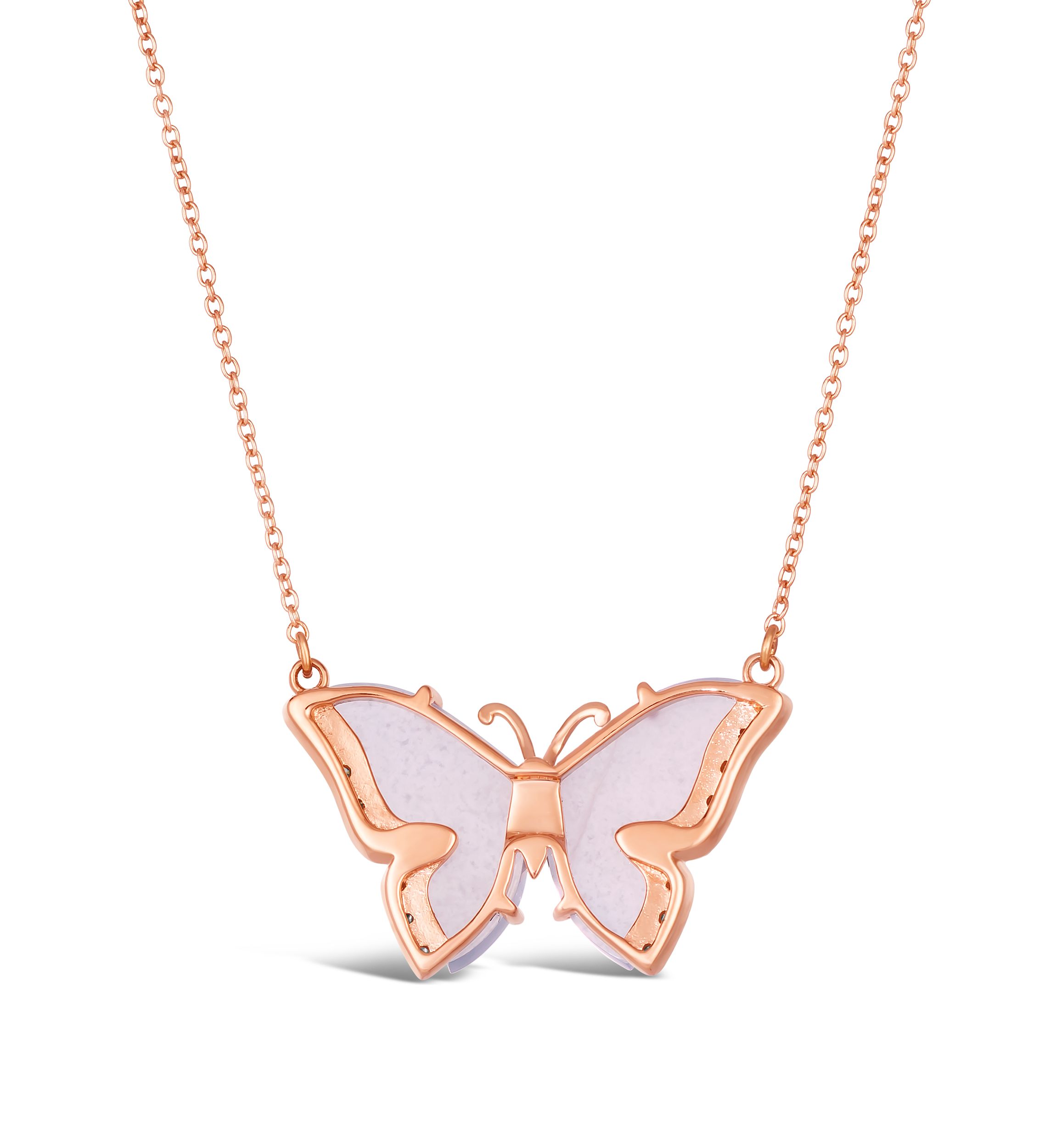 5.5 ct. t.w. Blue Chalcedony, 1/5 ct. t.w. Nude Diamonds™ Butterfly Necklace in 14K Strawberry Gold®