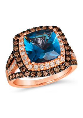 Le Vian Ring Featuring 4.5 Ct. T.w. Deep Sea Blue Topazâ¢, 5/8 Ct. T.w. Chocolate Diamonds, 1/3 Ct. T.w. Nude Diamondsâ¢ In 14K Strawberry Gold