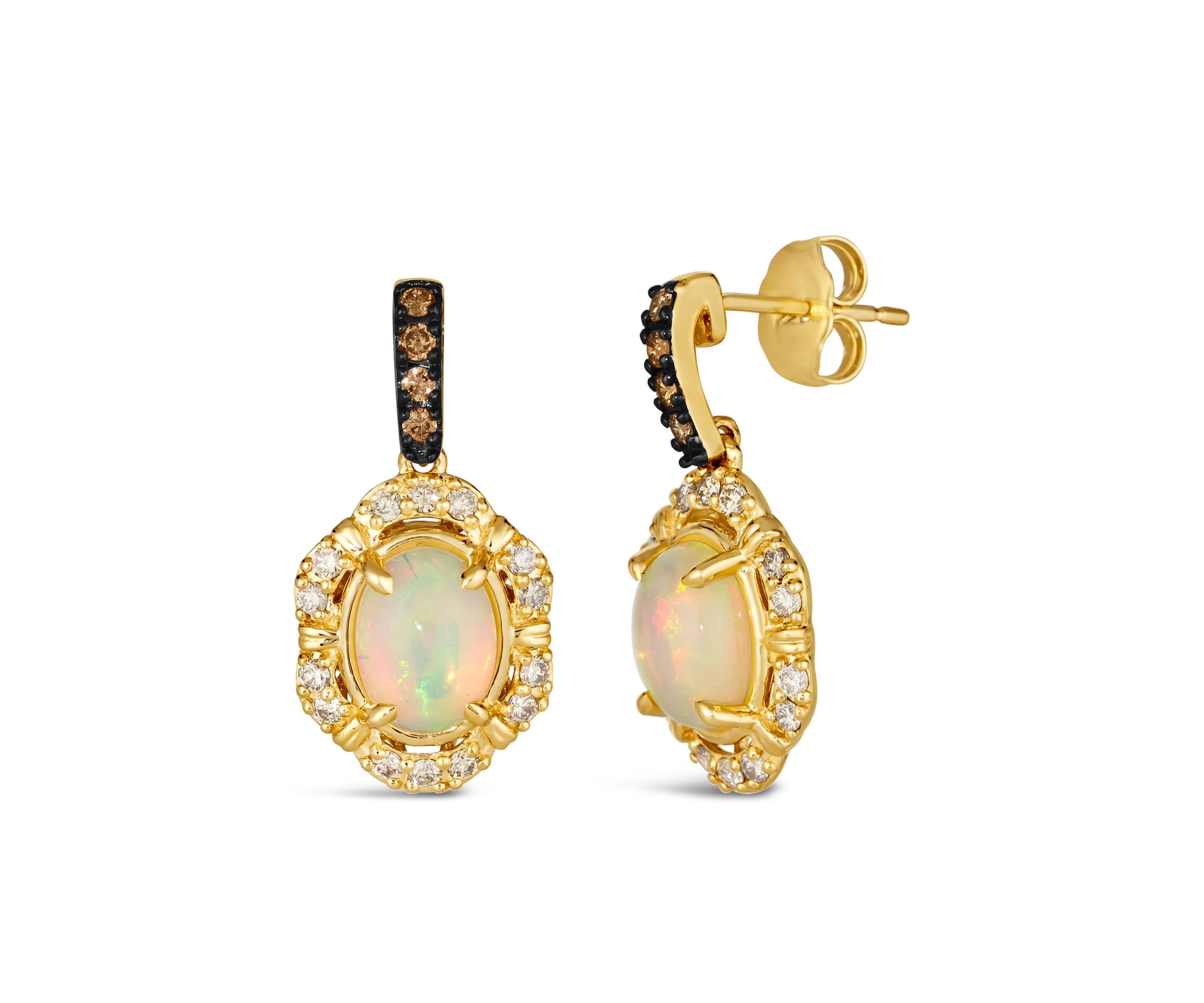 Earrings featuring 1.2 ct. t.w. Neopolitan Opal™, 1/10 ct. t.w. Chocolate Diamonds®, 1/3 ct. t.w. Nude Diamonds™ set in 14K Honey Gold™