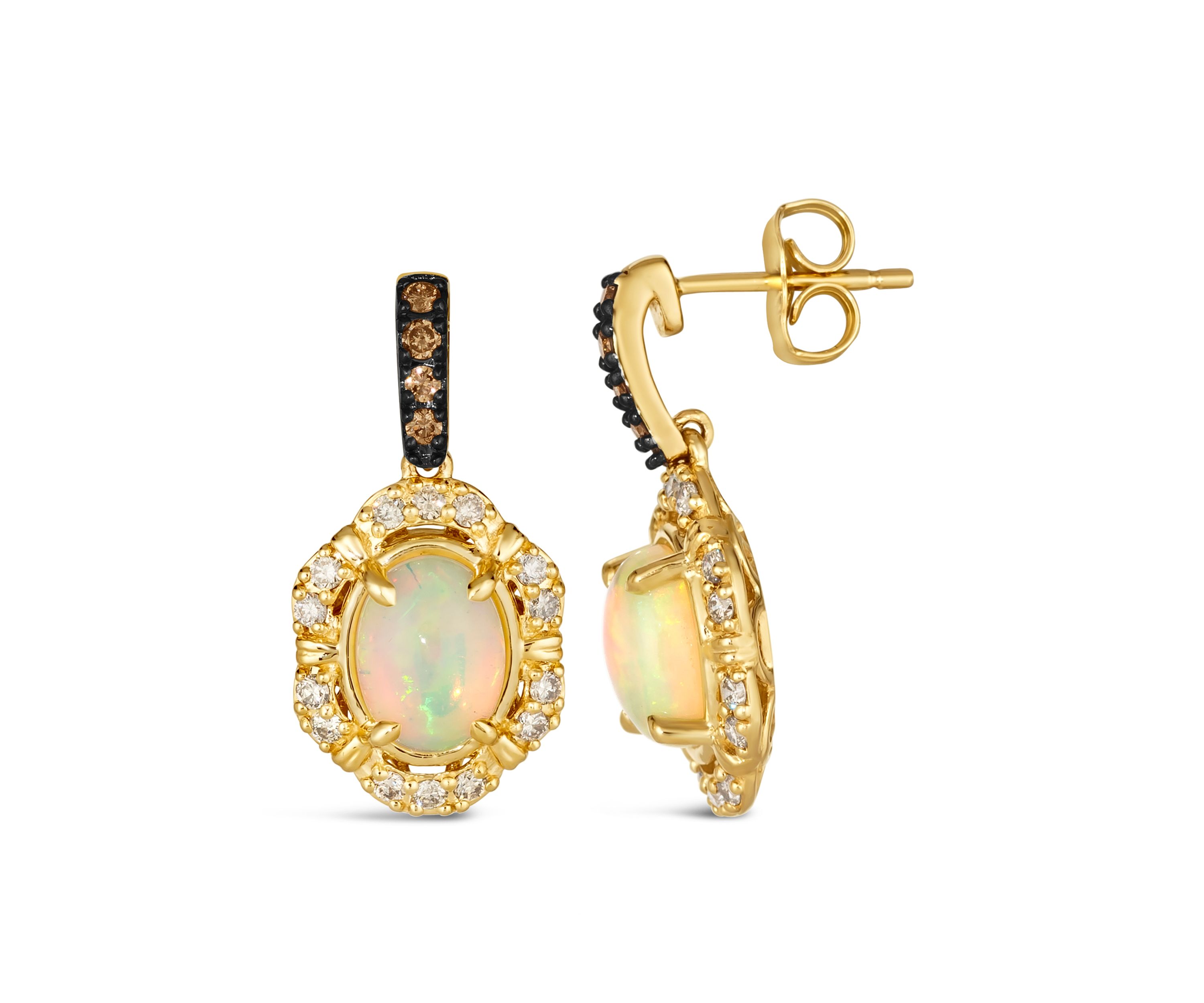 Earrings featuring 1.2 ct. t.w. Neopolitan Opal™, 1/10 ct. t.w. Chocolate Diamonds®, 1/3 ct. t.w. Nude Diamonds™ set in 14K Honey Gold™