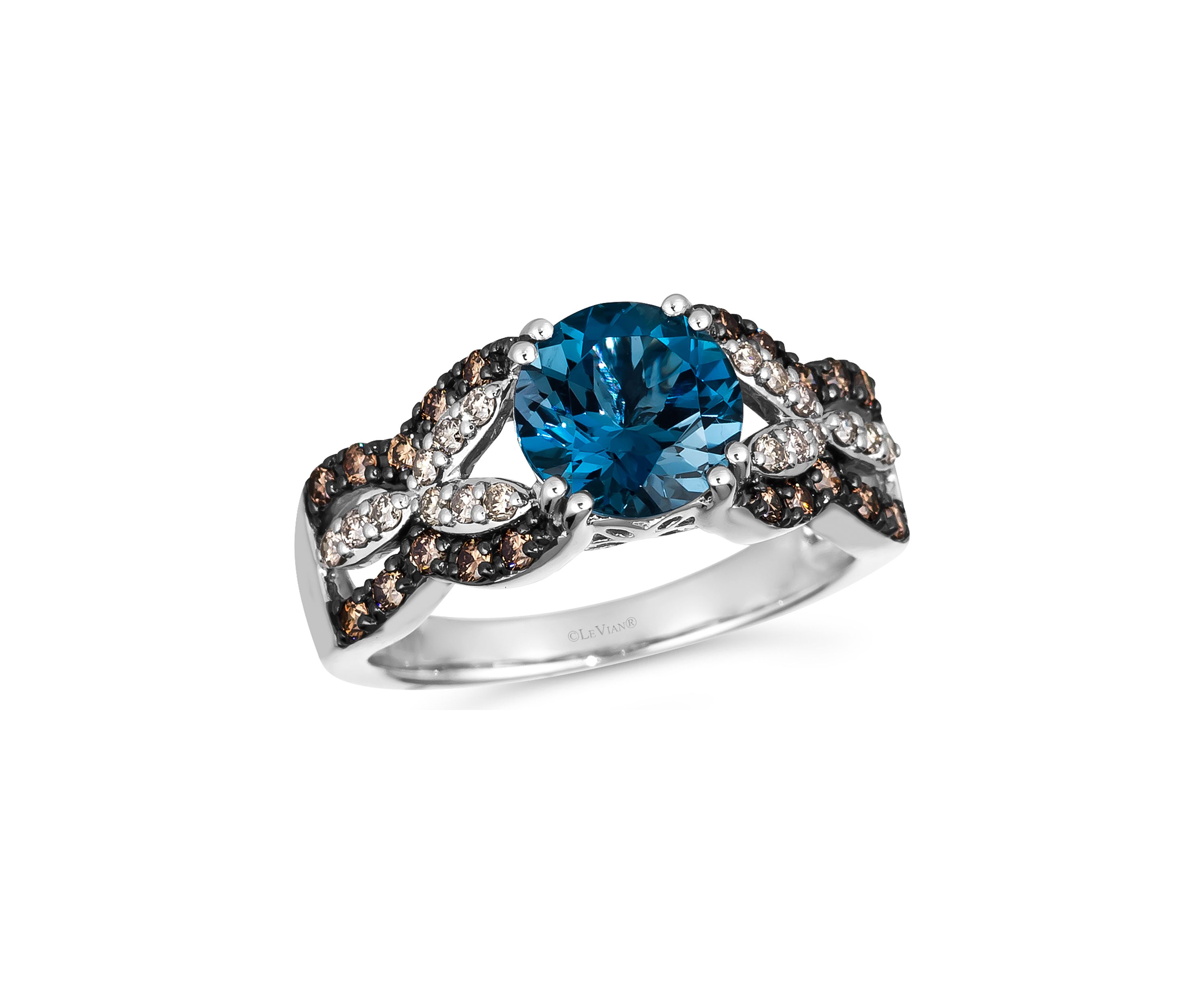 Ring featuring 1.88 ct. t.w. Deep Sea Blue Topaz™, 1/4 ct. t.w. Chocolate Diamonds®, 1/5 ct. t.w. Nude Diamonds™  in 14K Vanilla Gold®