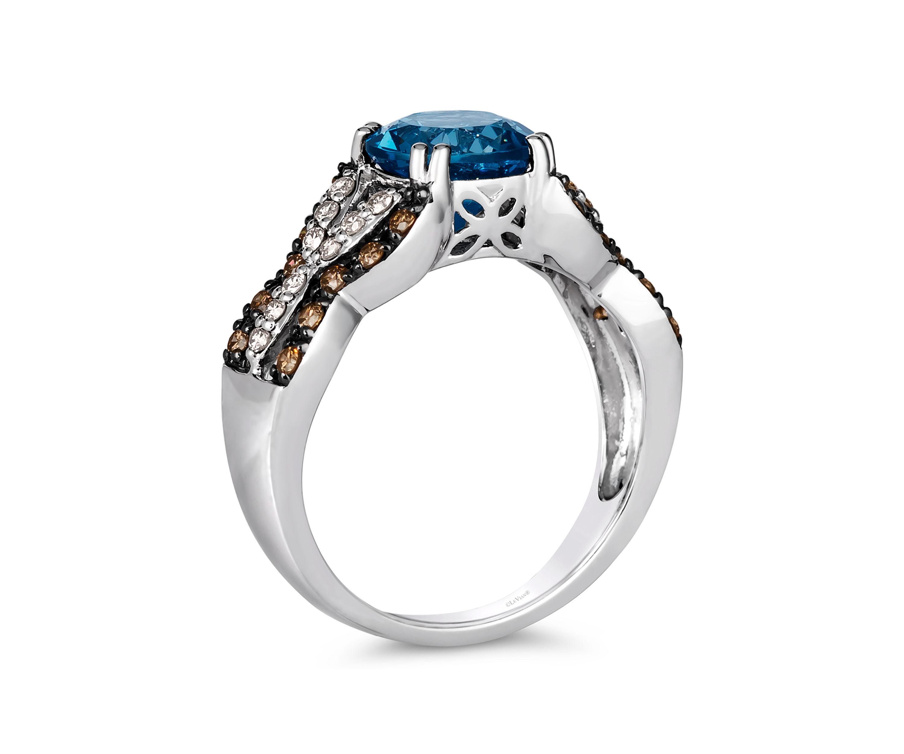 Ring featuring 1.88 ct. t.w. Deep Sea Blue Topaz™, 1/4 ct. t.w. Chocolate Diamonds®, 1/5 ct. t.w. Nude Diamonds™  in 14K Vanilla Gold®