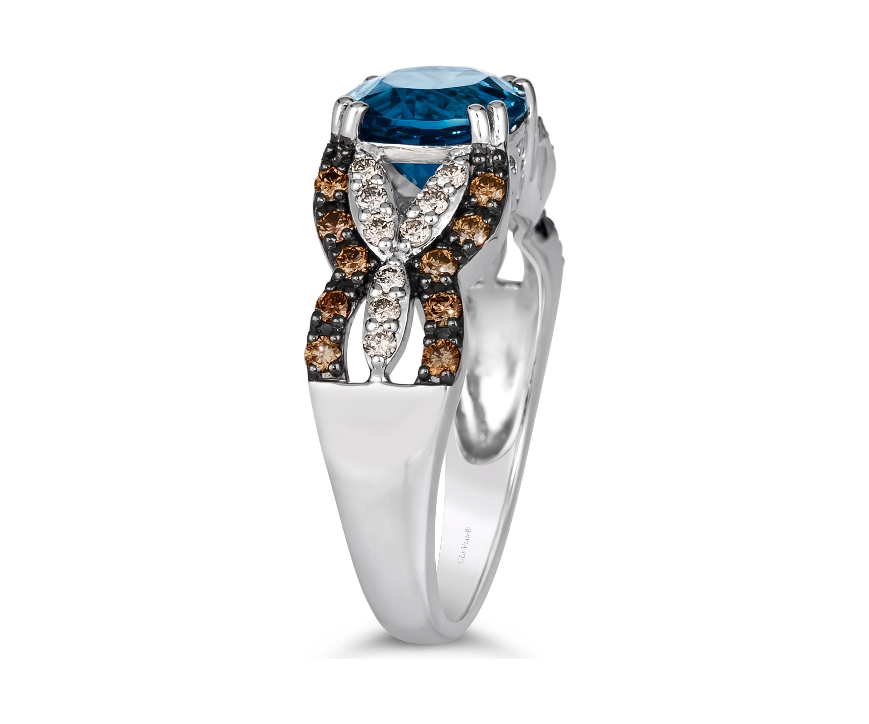 Ring featuring 1.88 ct. t.w. Deep Sea Blue Topaz™, 1/4 ct. t.w. Chocolate Diamonds®, 1/5 ct. t.w. Nude Diamonds™  in 14K Vanilla Gold®