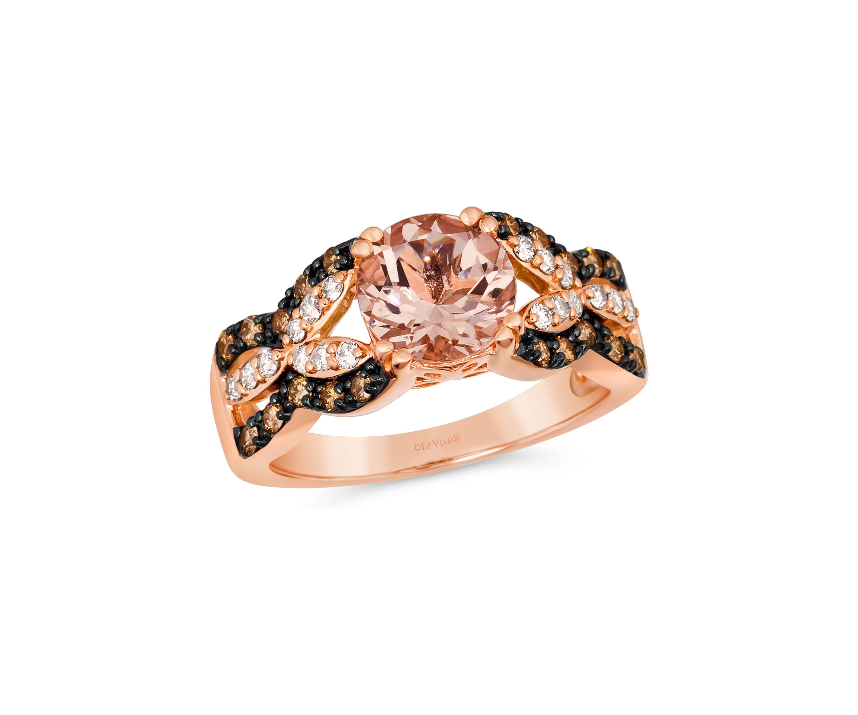 Ring featuring 1.33 ct. t.w. Peach Morganite™, 1/4 ct. t.w. Chocolate Diamonds®, 1/5 ct. t.w. Nude Diamonds™ in 14K Strawberry Gold®