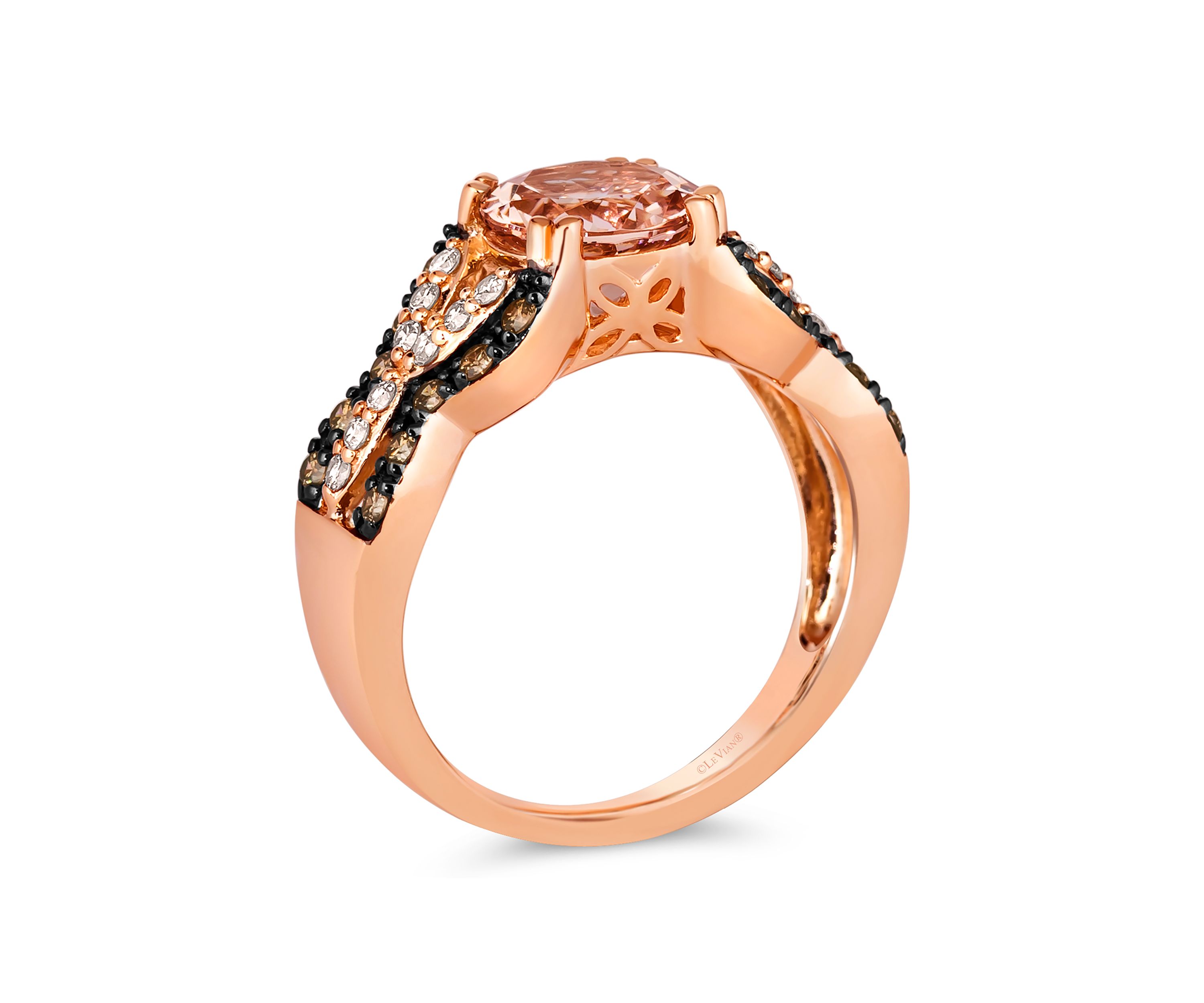 Ring featuring 1.33 ct. t.w. Peach Morganite™, 1/4 ct. t.w. Chocolate Diamonds®, 1/5 ct. t.w. Nude Diamonds™ in 14K Strawberry Gold®