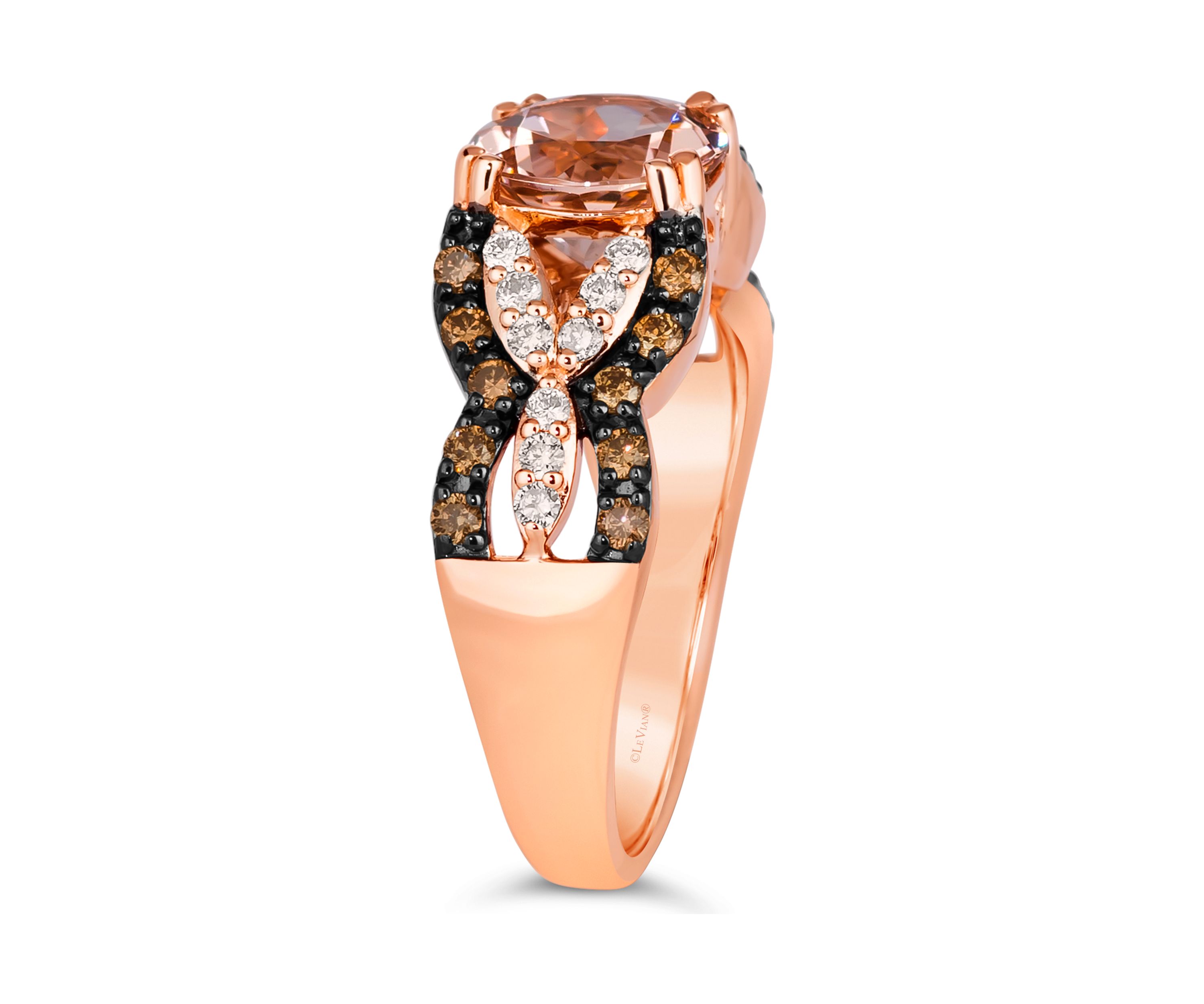Ring featuring 1.33 ct. t.w. Peach Morganite™, 1/4 ct. t.w. Chocolate Diamonds®, 1/5 ct. t.w. Nude Diamonds™ in 14K Strawberry Gold®