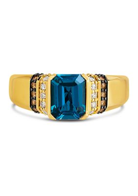 Le Vian Men's Ring Featuring 22.5 Ct. T.w. Deep Sea Blue Topazâ¢, 1/8 Ct. T.w. Chocolate Diamonds, And 1/4 Ct. T.w. Nude Diamondsâ¢ In 14K Honey Gol