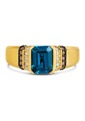 Ring featuring 22.5 ct. t.w. Deep Sea Blue Topaz™, 1/8 ct. t.w. Chocolate Diamonds®, and 1/4 ct. t.w. Nude Diamonds™ in 14K Honey Gold™