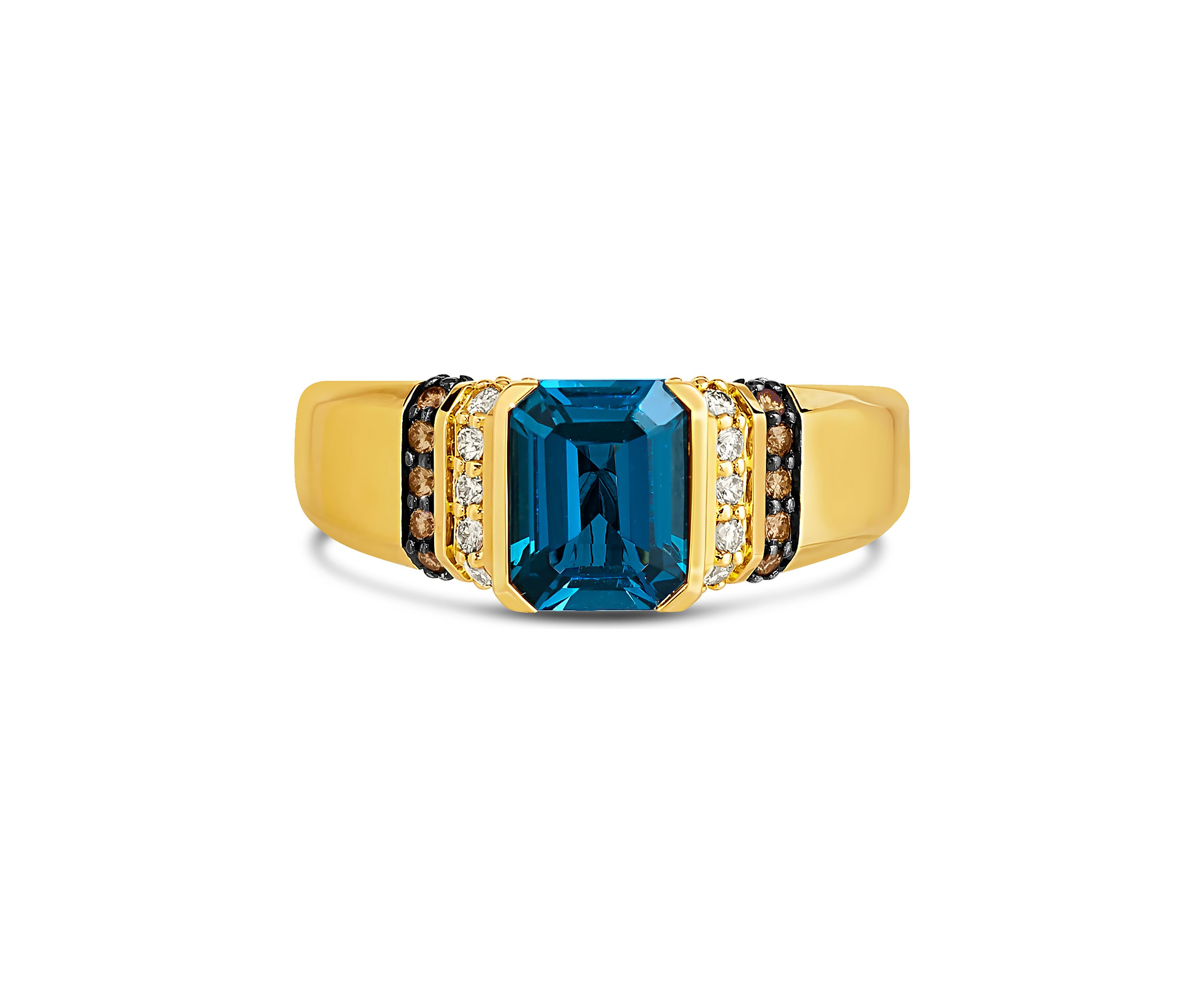 Ring featuring 2.5 ct. t.w. Deep Sea Blue Topaz™, 1/8 ct. t.w. Chocolate Diamonds®, and 1/4 ct. t.w. Nude Diamonds™ in 14K Honey Gold™