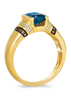 Ring featuring 22.5 ct. t.w. Deep Sea Blue Topaz™, 1/8 ct. t.w. Chocolate Diamonds®, and 1/4 ct. t.w. Nude Diamonds™ in 14K Honey Gold™