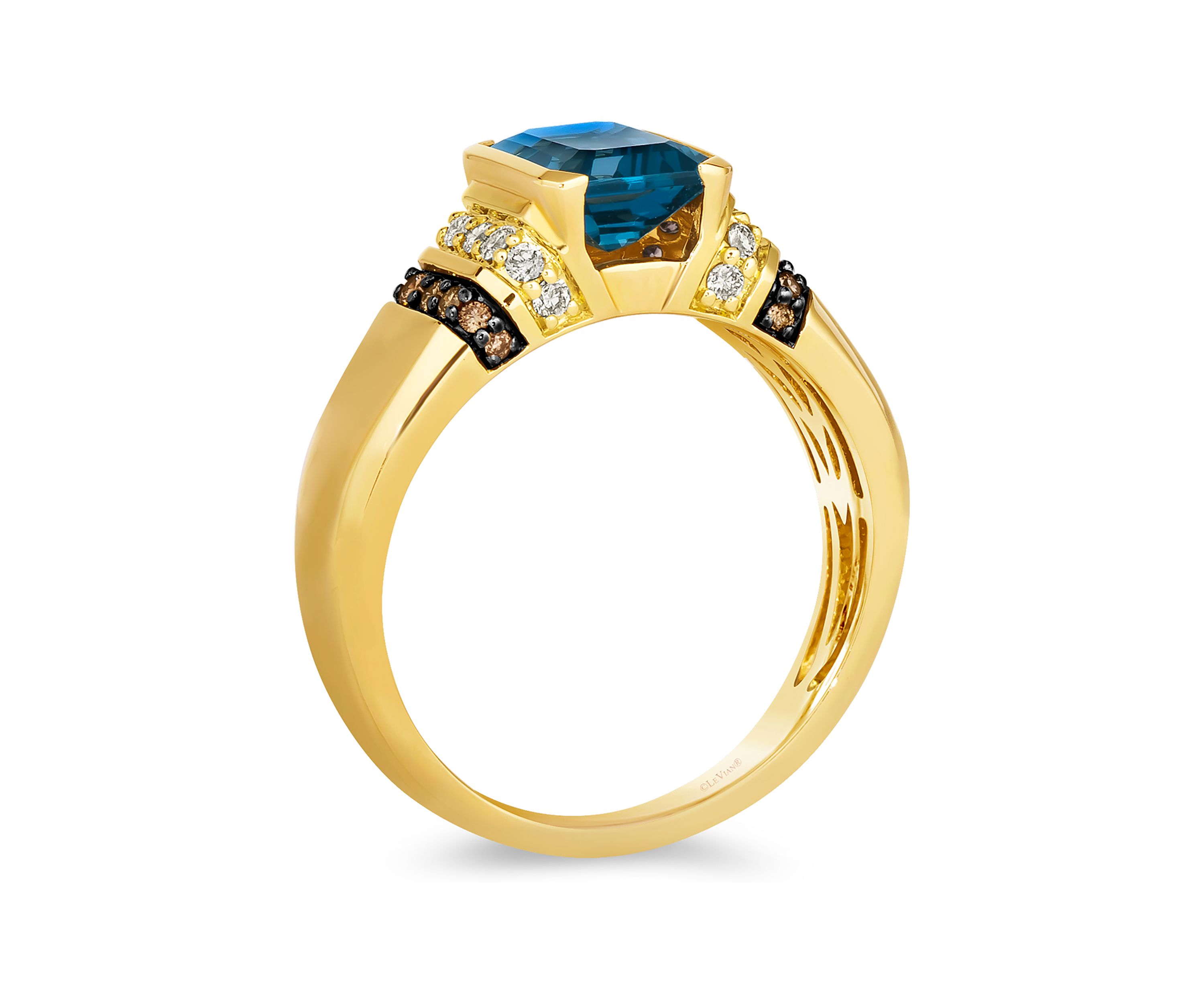 Ring featuring 2.5 ct. t.w. Deep Sea Blue Topaz™, 1/8 ct. t.w. Chocolate Diamonds®, and 1/4 ct. t.w. Nude Diamonds™ in 14K Honey Gold™