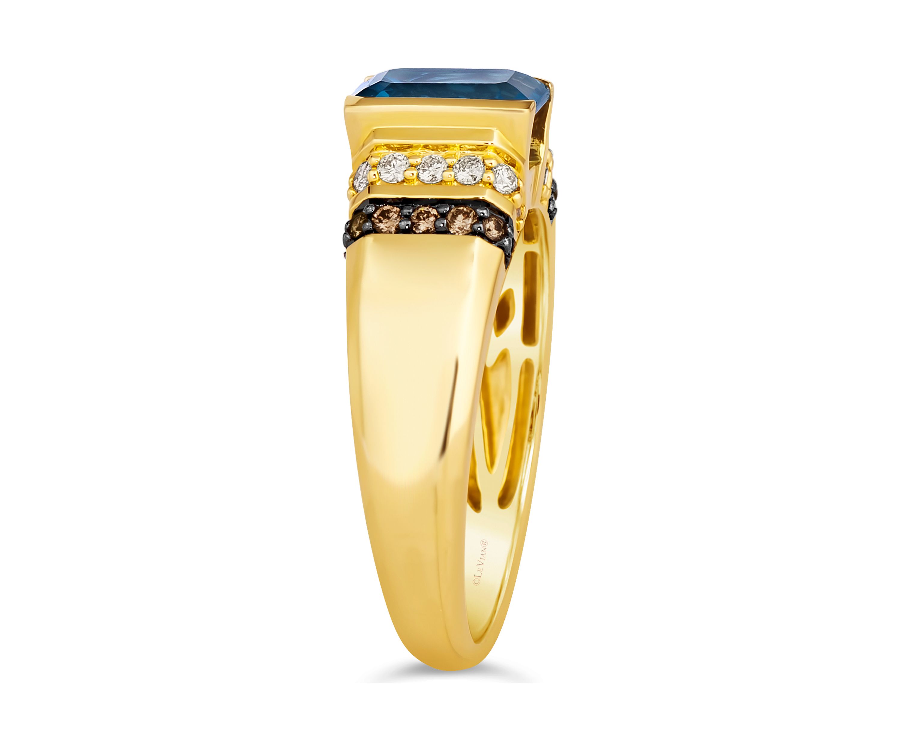 Ring featuring 2.5 ct. t.w. Deep Sea Blue Topaz™, 1/8 ct. t.w. Chocolate Diamonds®, and 1/4 ct. t.w. Nude Diamonds™ in 14K Honey Gold™