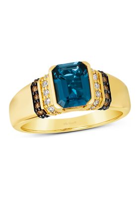 Ring featuring 22.5 ct. t.w. Deep Sea Blue Topaz™, 1/8 ct. t.w. Chocolate Diamonds®, and 1/4 ct. t.w. Nude Diamonds™ in 14K Honey Gold™