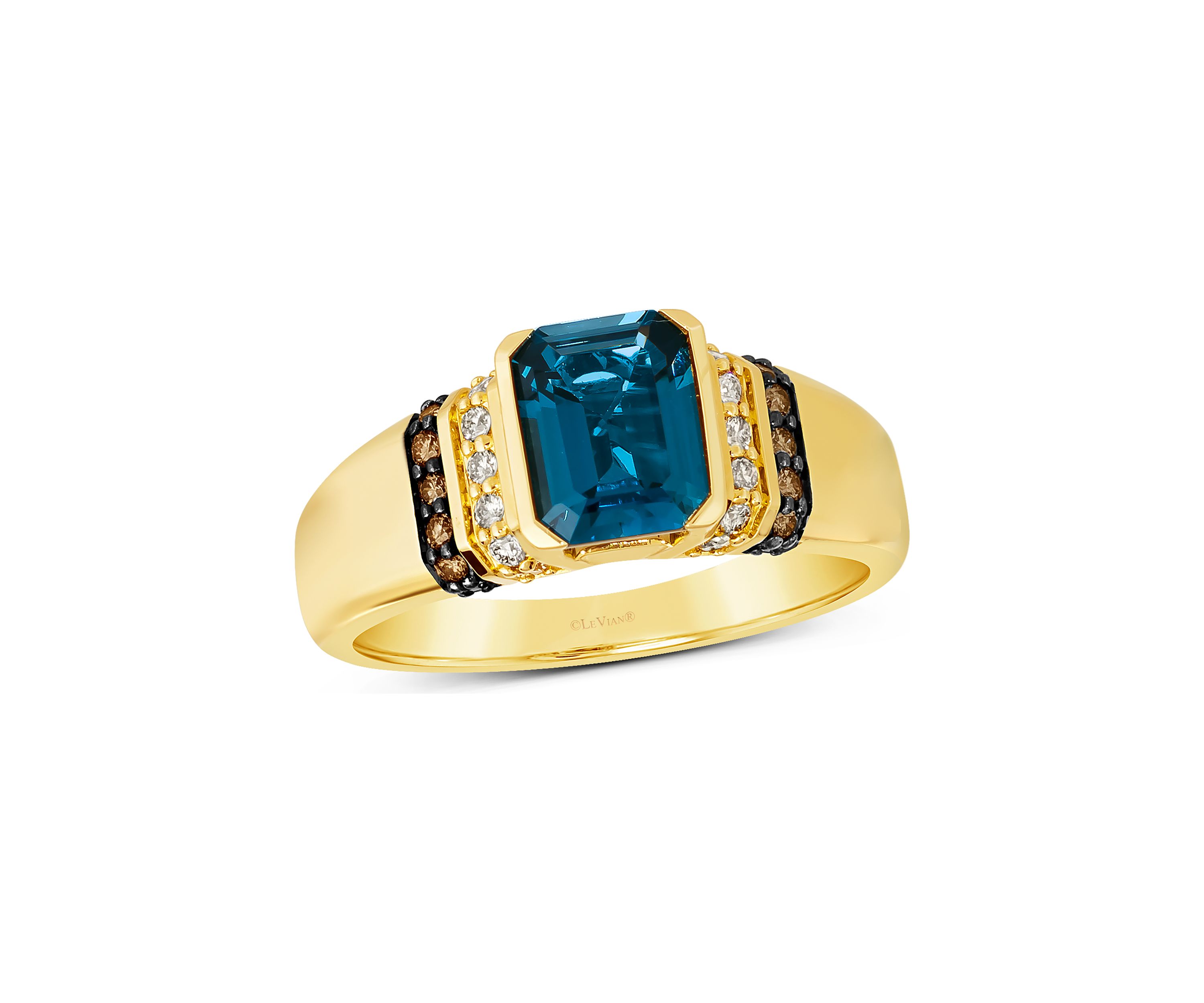 Ring featuring 2.5 ct. t.w. Deep Sea Blue Topaz™, 1/8 ct. t.w. Chocolate Diamonds®, and 1/4 ct. t.w. Nude Diamonds™ in 14K Honey Gold™