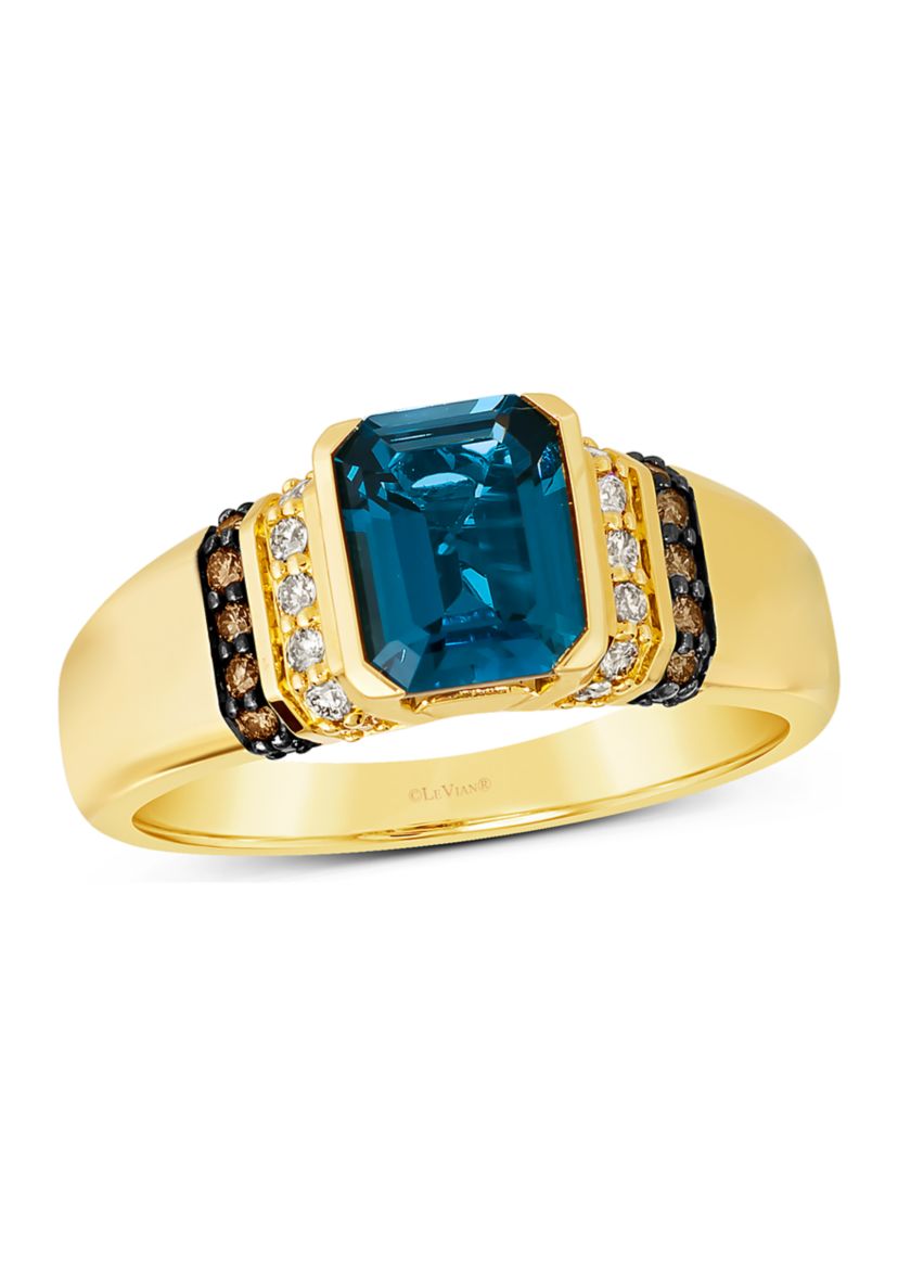 Ring featuring 2.5 ct. t.w. Deep Sea Blue Topaz™, 1/8 ct. t.w. Chocolate Diamonds®, and 1/4 ct. t.w. Nude Diamonds™ in 14K Honey Gold™