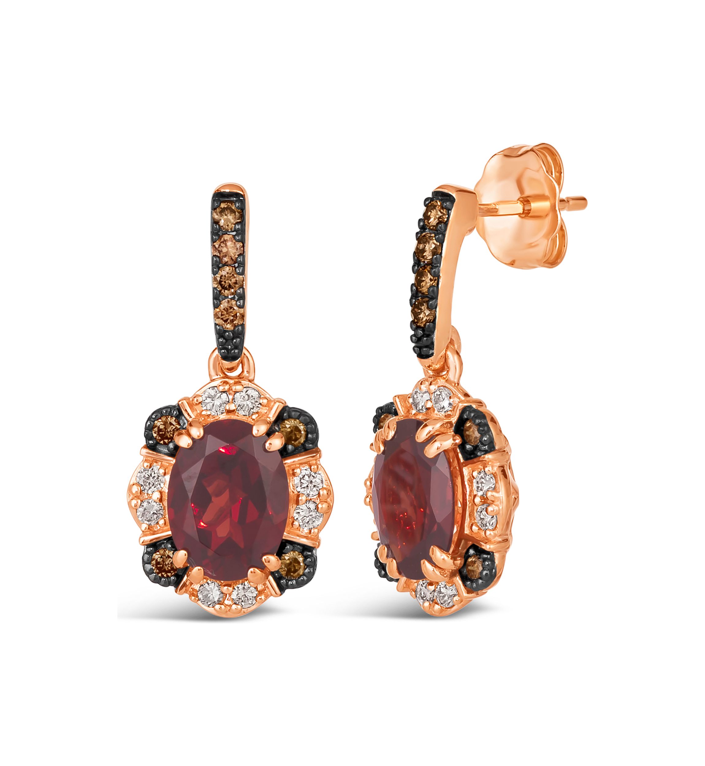 2.75 ct. t.w. Pomegranate Garnet™, 1/5 ct. t.w. Chocolate Diamonds®, 1/6 ct. t.w. Nude Diamonds™ Earrings in 14K Strawberry Gold®