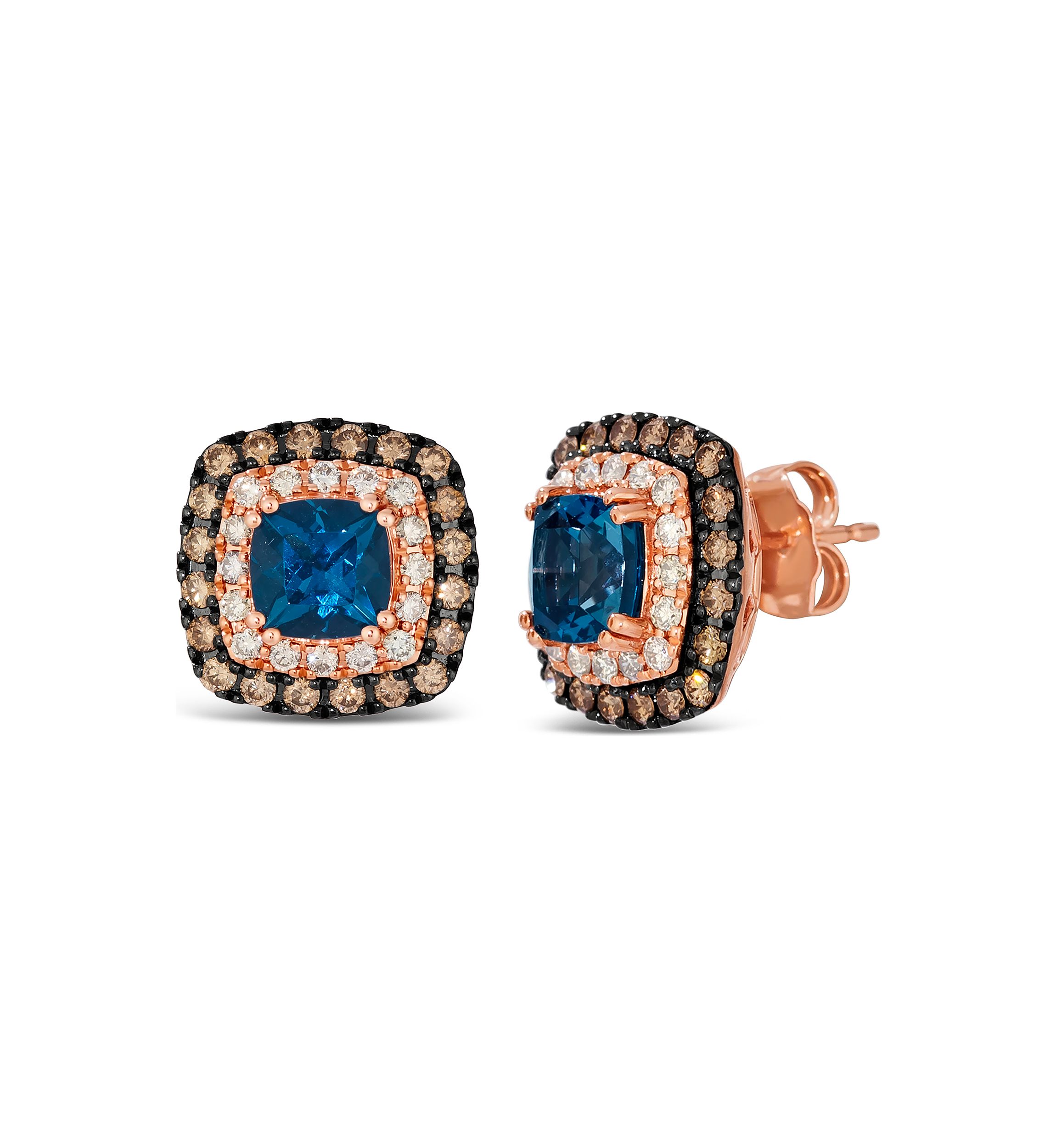 Earrings featuring 2 ct. t.w. Deep Sea Blue Topaz™, 1/2 ct. t.w. Chocolate Diamonds®, 1/3 ct. t.w. Nude Diamonds™ set in 14K Strawberry Gold®