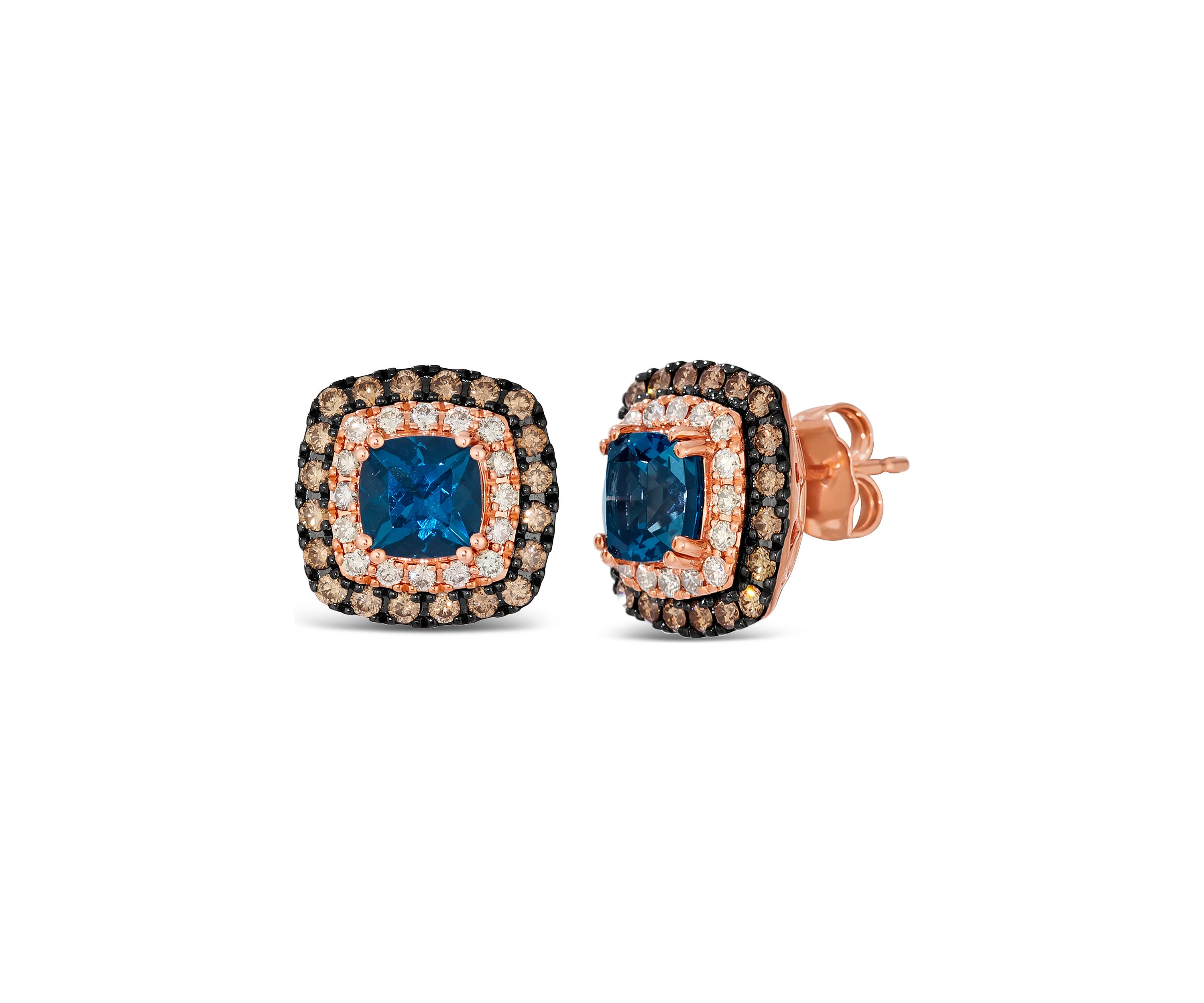 Earrings featuring 2 ct. t.w. Deep Sea Blue Topaz™, 1/2 ct. t.w. Chocolate Diamonds®, 1/3 ct. t.w. Nude Diamonds™ set in 14K Strawberry Gold®