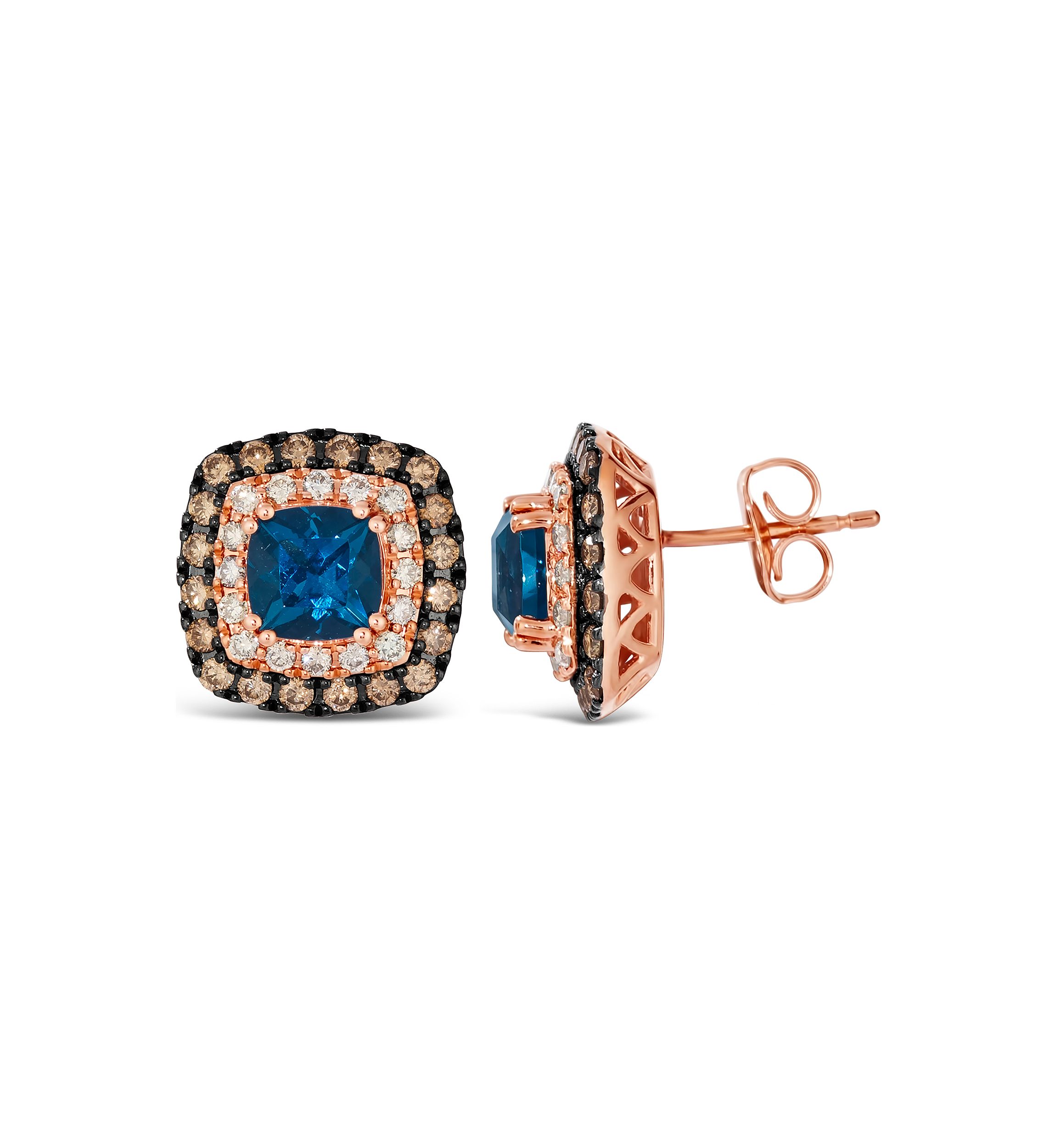 Earrings featuring 2 ct. t.w. Deep Sea Blue Topaz™, 1/2 ct. t.w. Chocolate Diamonds®, 1/3 ct. t.w. Nude Diamonds™ set in 14K Strawberry Gold®