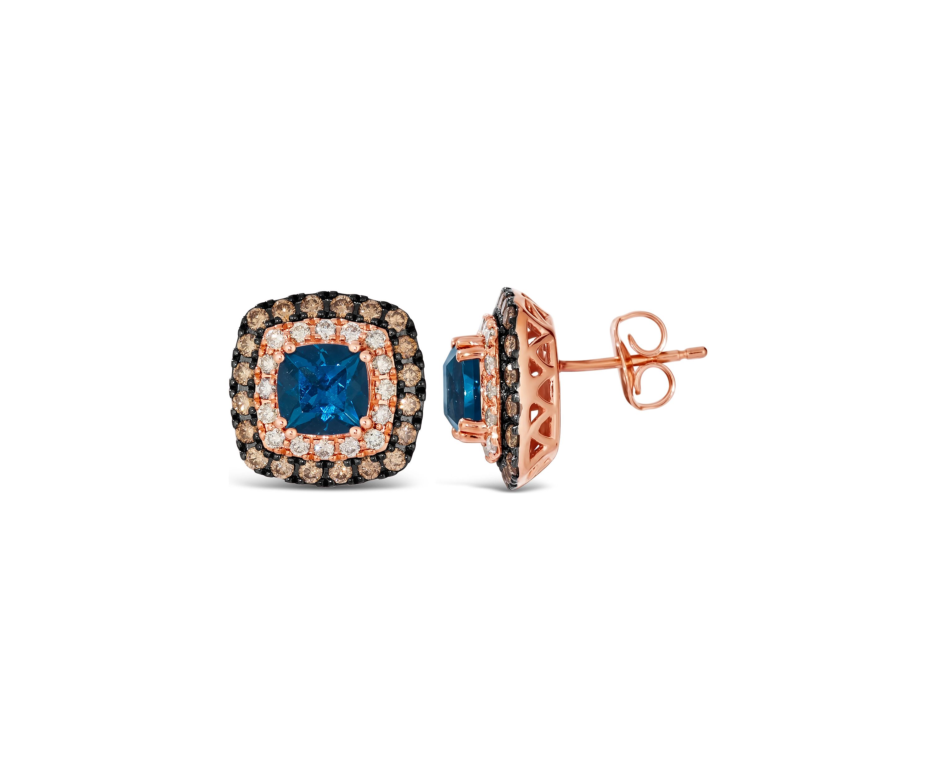 Earrings featuring 2 ct. t.w. Deep Sea Blue Topaz™, 1/2 ct. t.w. Chocolate Diamonds®, 1/3 ct. t.w. Nude Diamonds™ set in 14K Strawberry Gold®