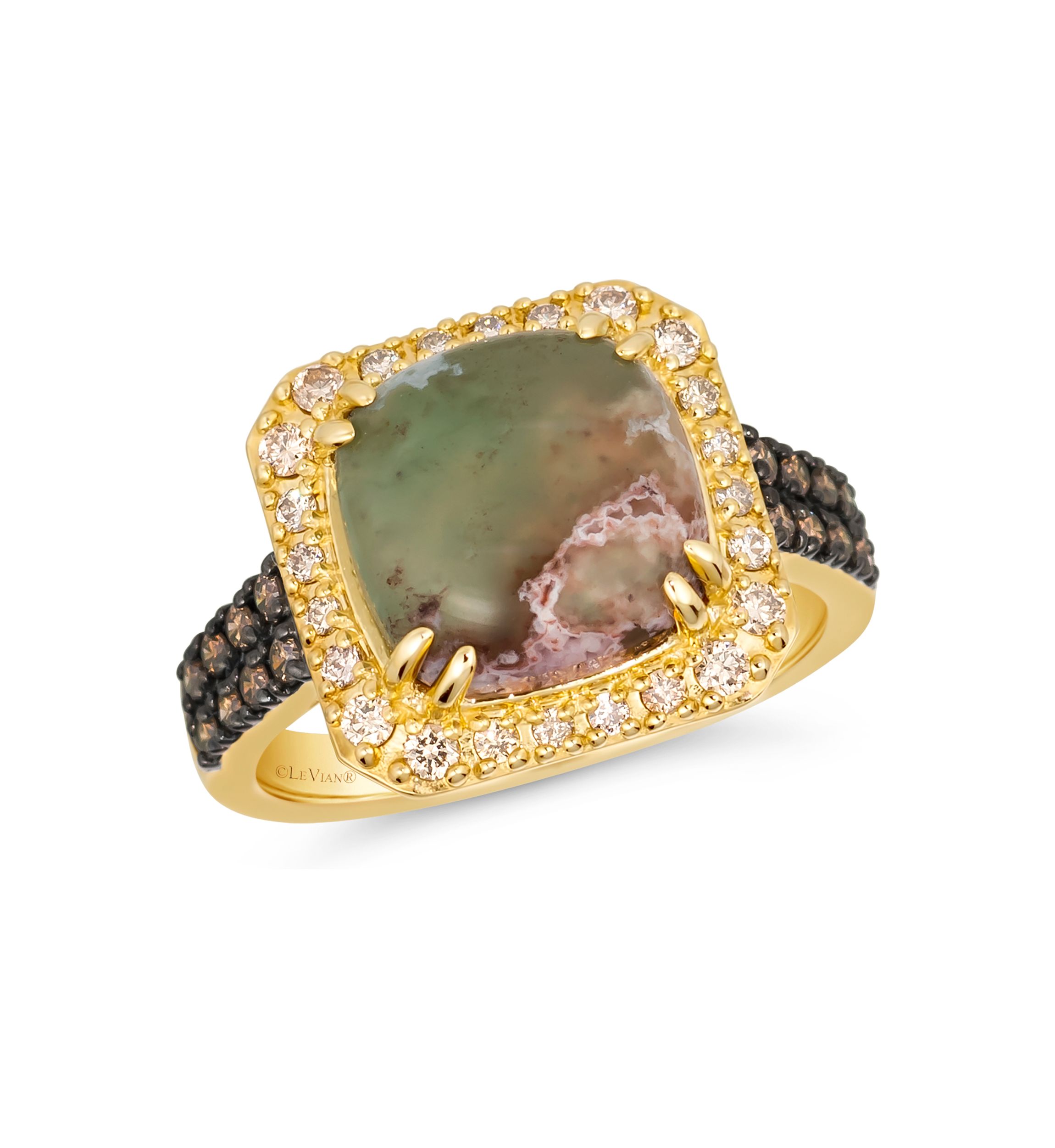 2.88 ct. t.w. Peacock Aquaprase™, 1/4 ct. t.w. Nude Diamonds™, 1/5 ct. t.w. Chocolate Diamonds® Ring set in 14K Honey Gold™