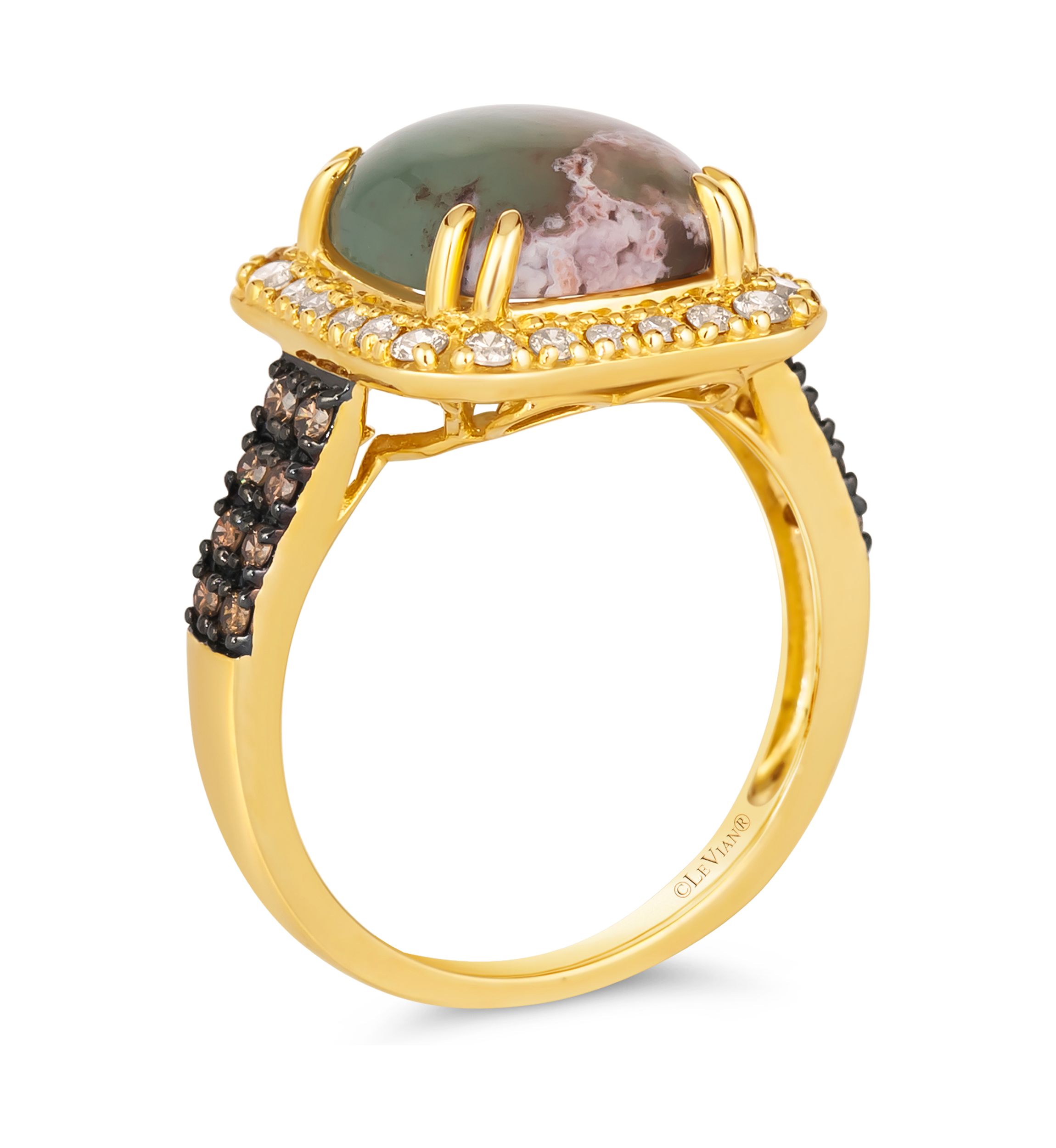 2.88 ct. t.w. Peacock Aquaprase™, 1/4 ct. t.w. Nude Diamonds™, 1/5 ct. t.w. Chocolate Diamonds® Ring set in 14K Honey Gold™