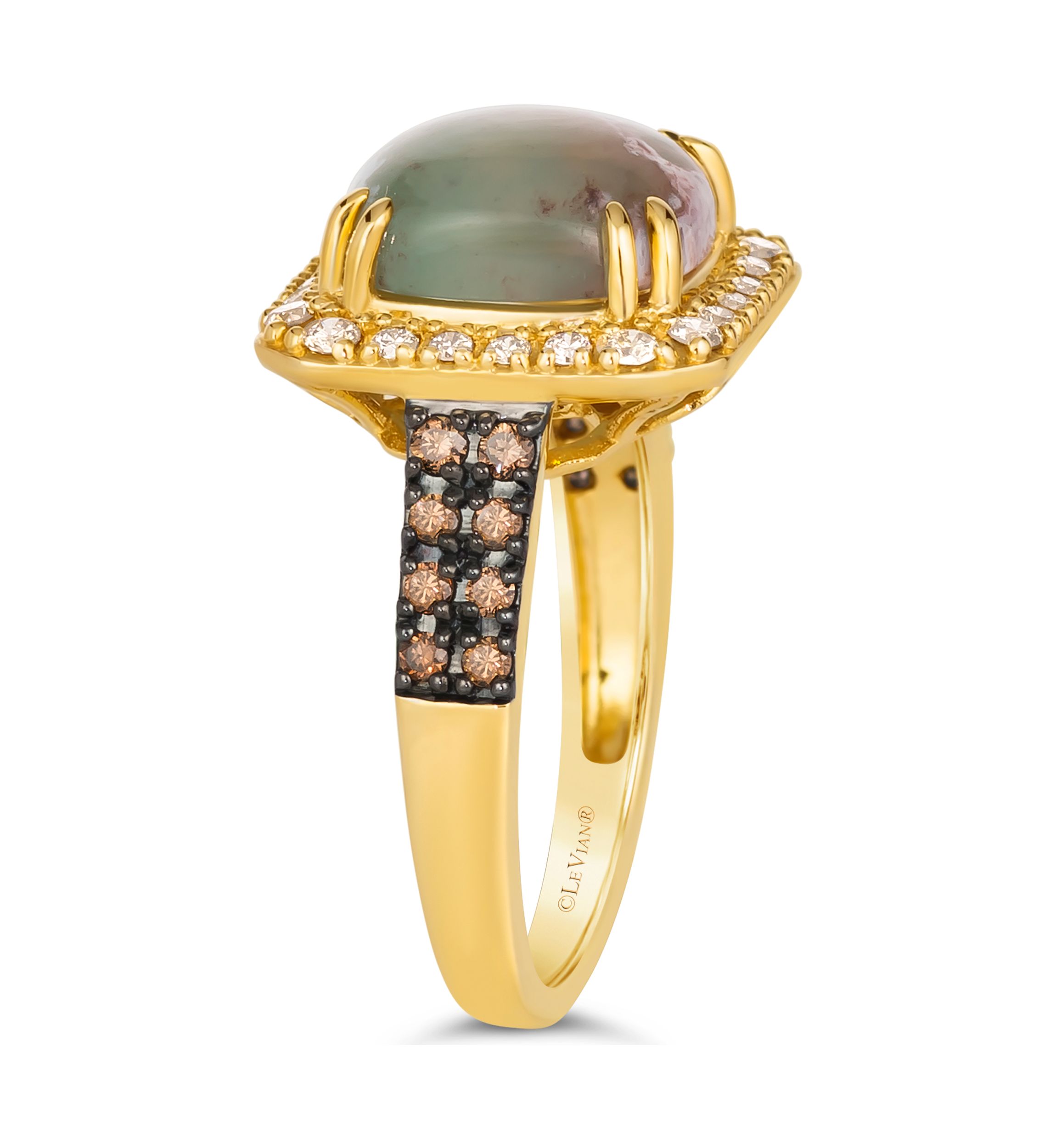 2.88 ct. t.w. Peacock Aquaprase™, 1/4 ct. t.w. Nude Diamonds™, 1/5 ct. t.w. Chocolate Diamonds® Ring set in 14K Honey Gold™