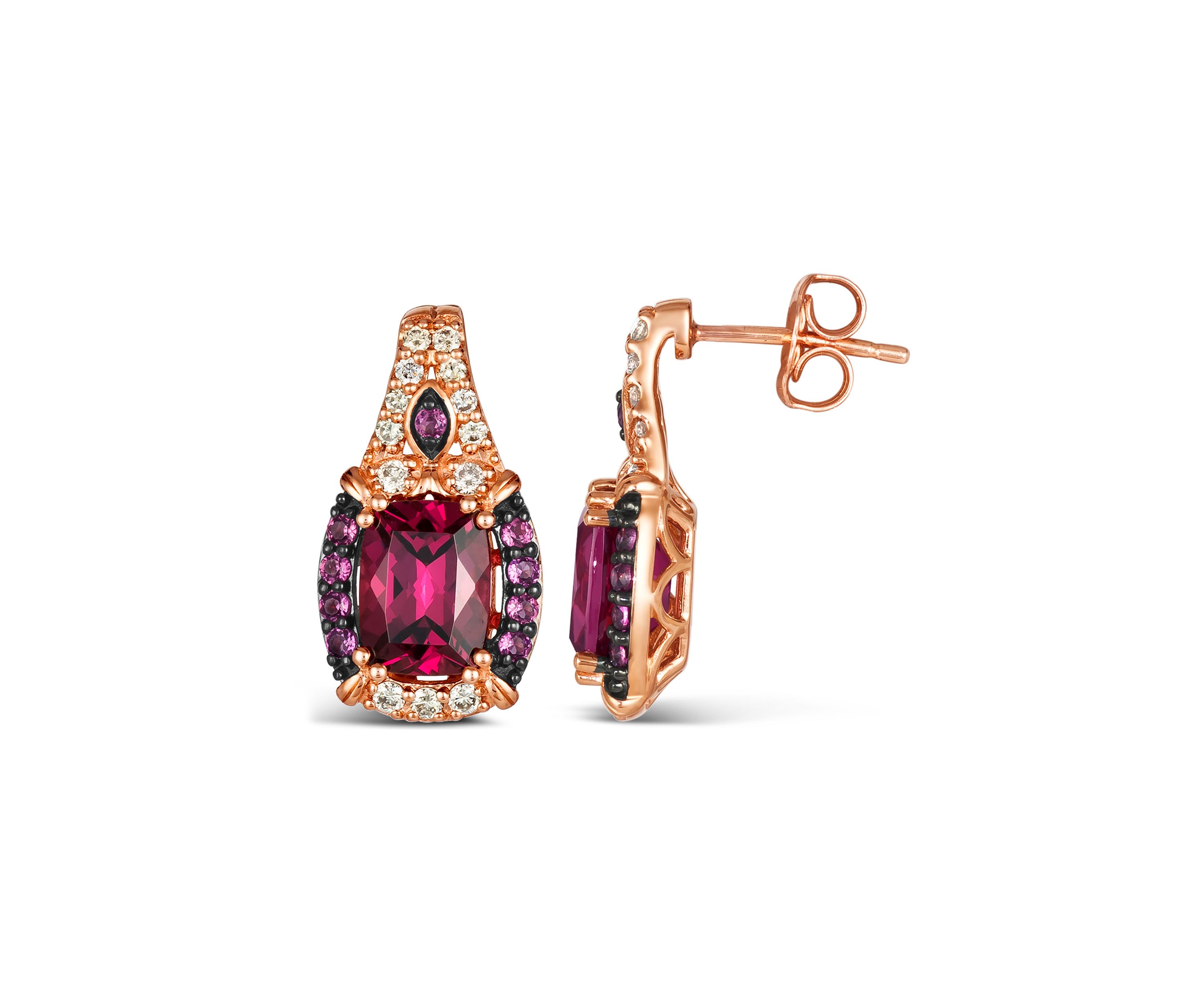 3.63 ct. t.w. Raspberry Rhodolite®, 1/3 ct. t.w. Nude Diamonds™ Earrings in 14K Strawberry Gold®