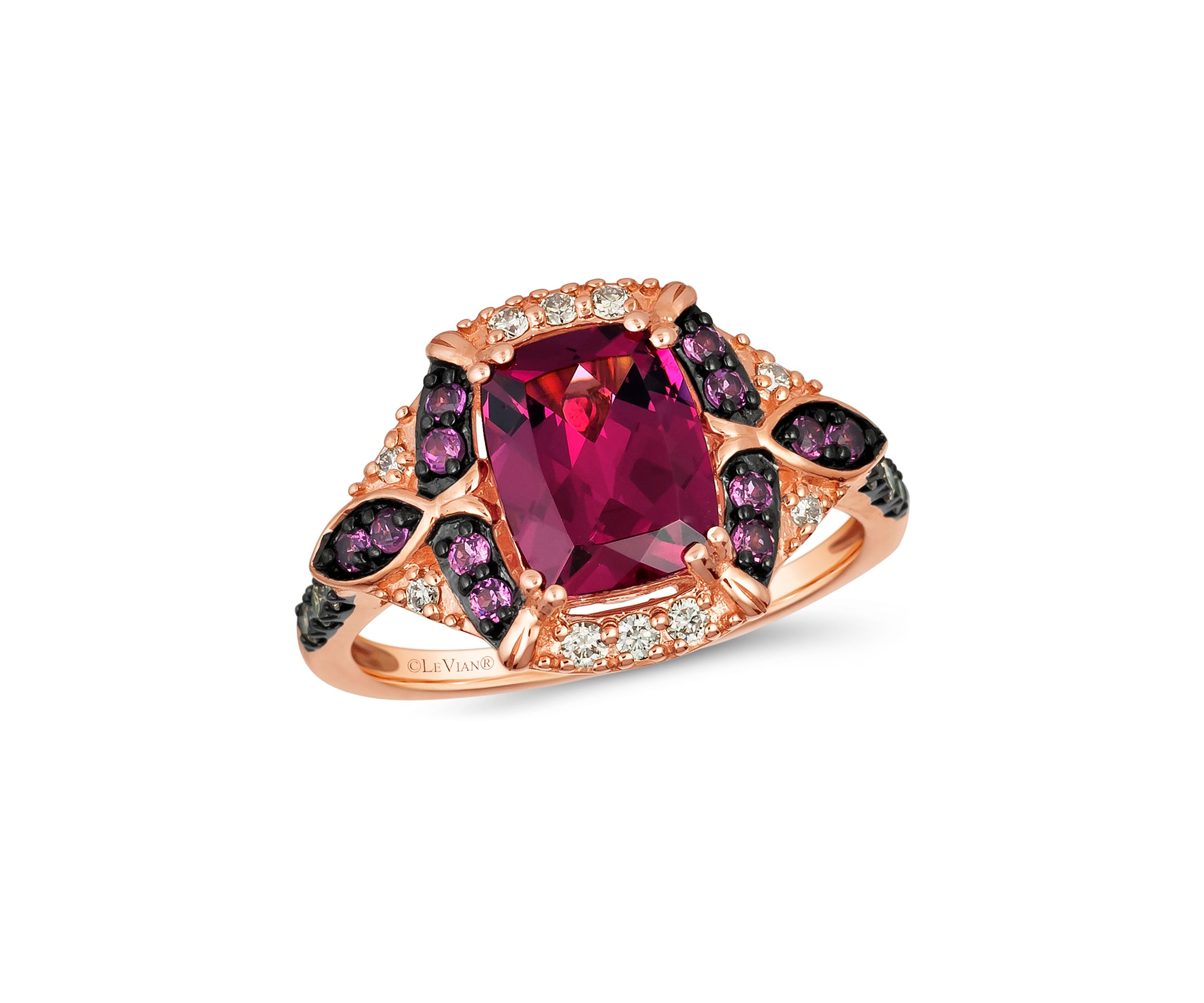 2.5 ct. t.w. Raspberry Rhodolite®, 1/10 ct. t.w. Nude Diamonds™, 1/10 ct. t.w. Chocolate Diamonds® Ring in 14K Strawberry Gold®