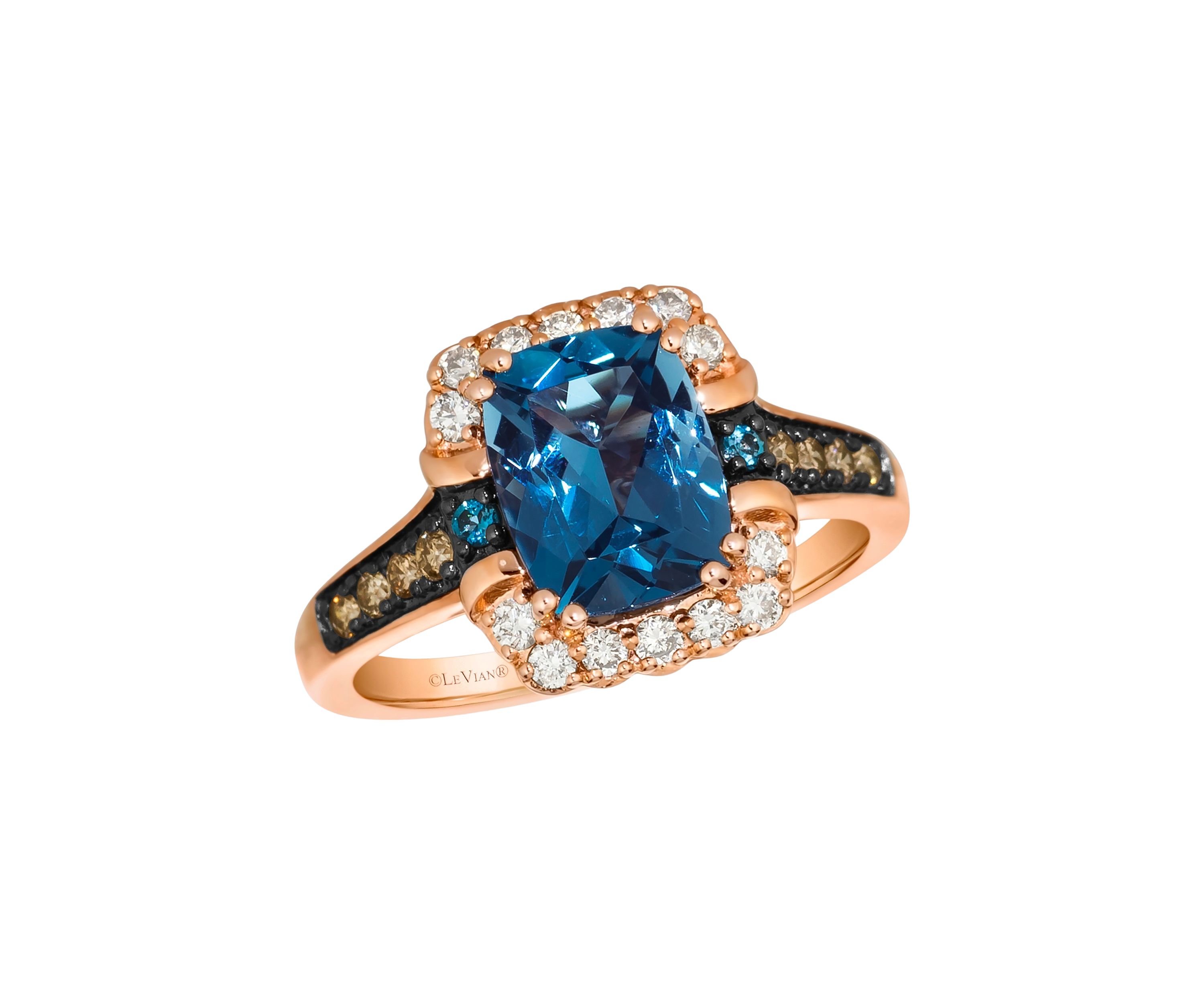2.25 ct. t.w. Deep Sea Blue Topaz™, 1/8 ct. t.w. Chocolate Diamonds®, 1/5 ct. t.w. Nude Diamonds™ Ring in 14K Strawberry Gold®