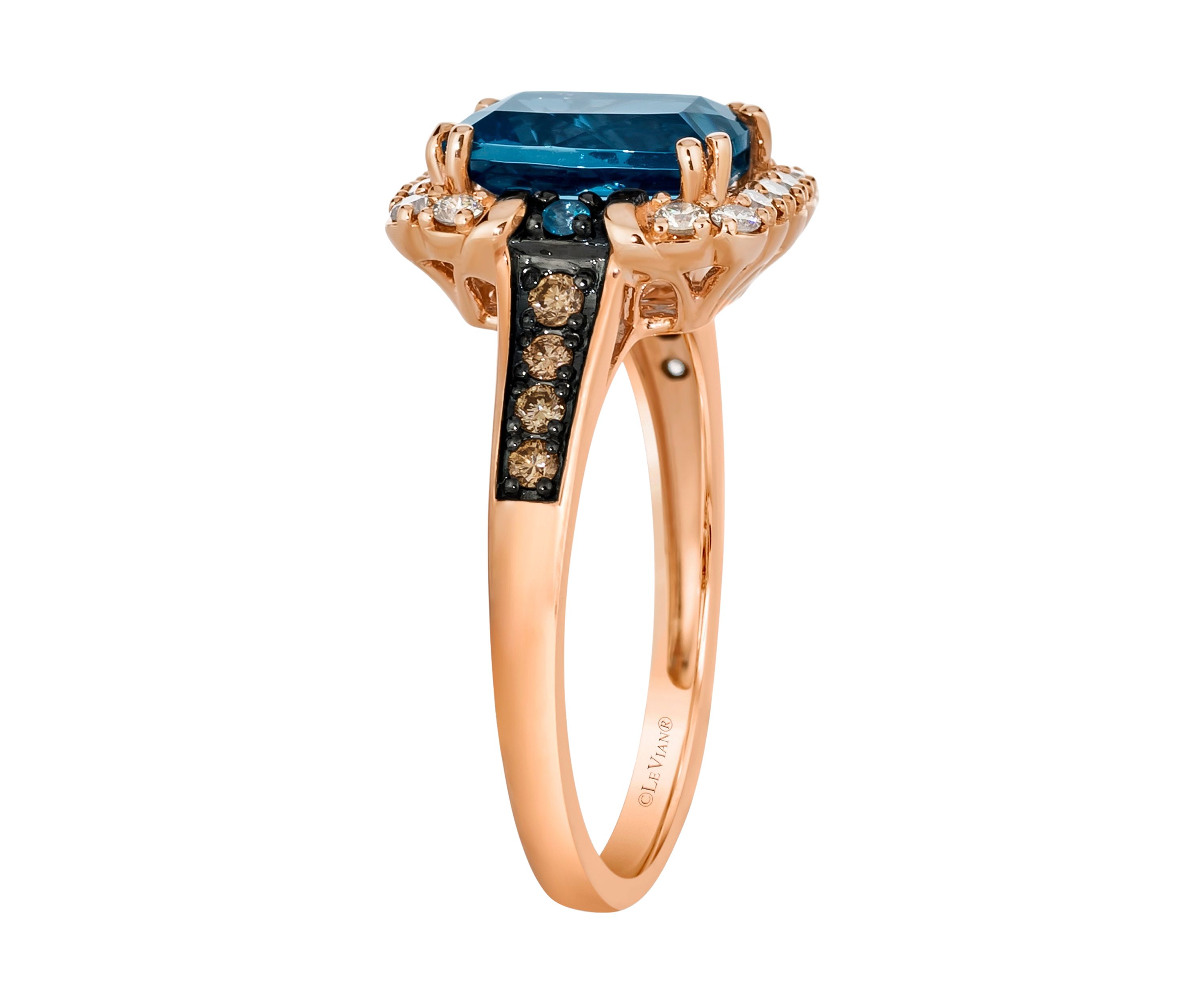 2.25 ct. t.w. Deep Sea Blue Topaz™, 1/8 ct. t.w. Chocolate Diamonds®, 1/5 ct. t.w. Nude Diamonds™ Ring in 14K Strawberry Gold®