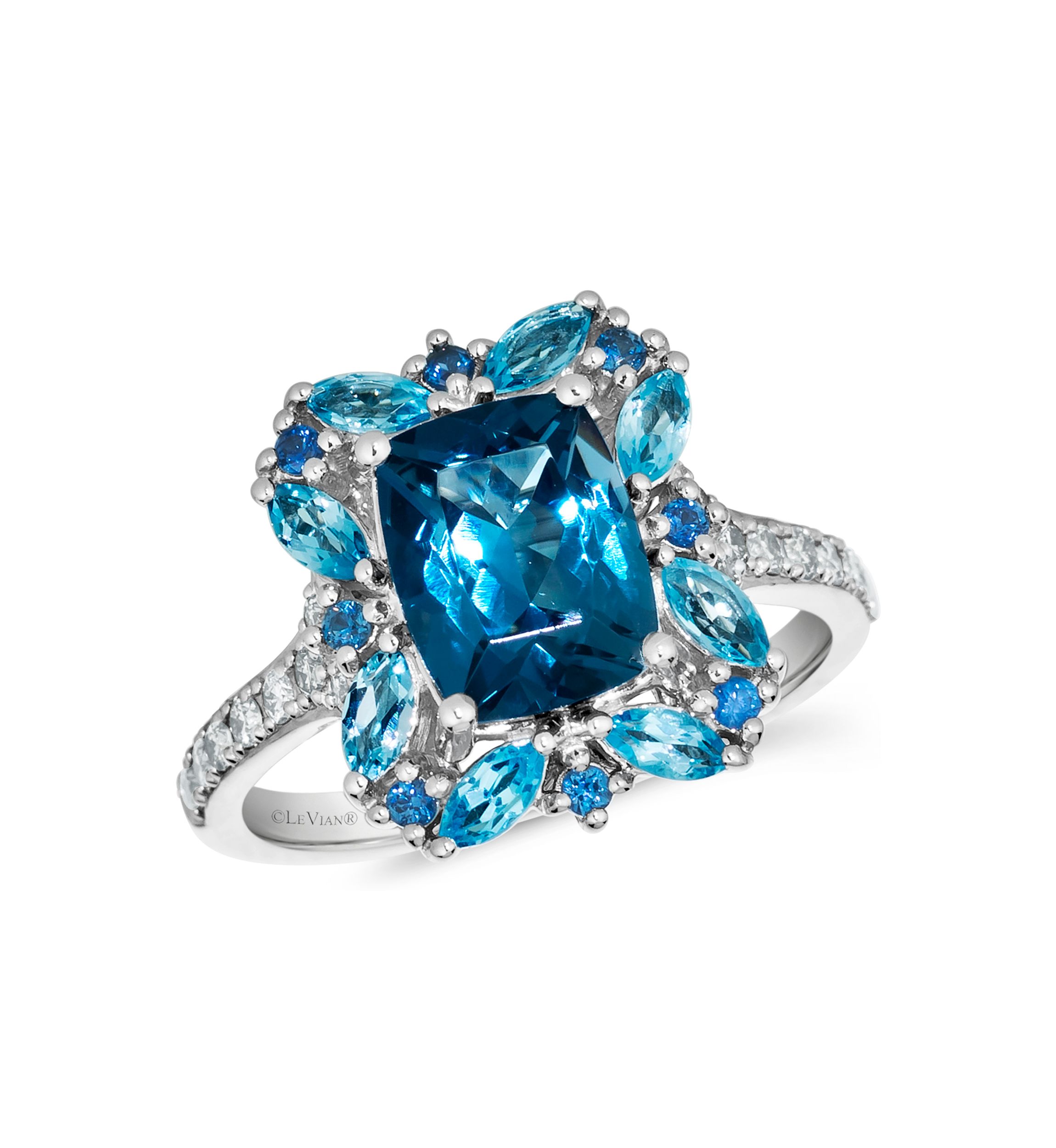  Ring featuring 2.2 ct. t.w. Deep Sea Blue Topaz™, 1/2 ct. t.w. Blue Topaz, 1/8 ct. t.w. Blueberry Sapphire™, 1/5 ct. t.w. Nude Diamonds™ set in 14K Vanilla Gold®