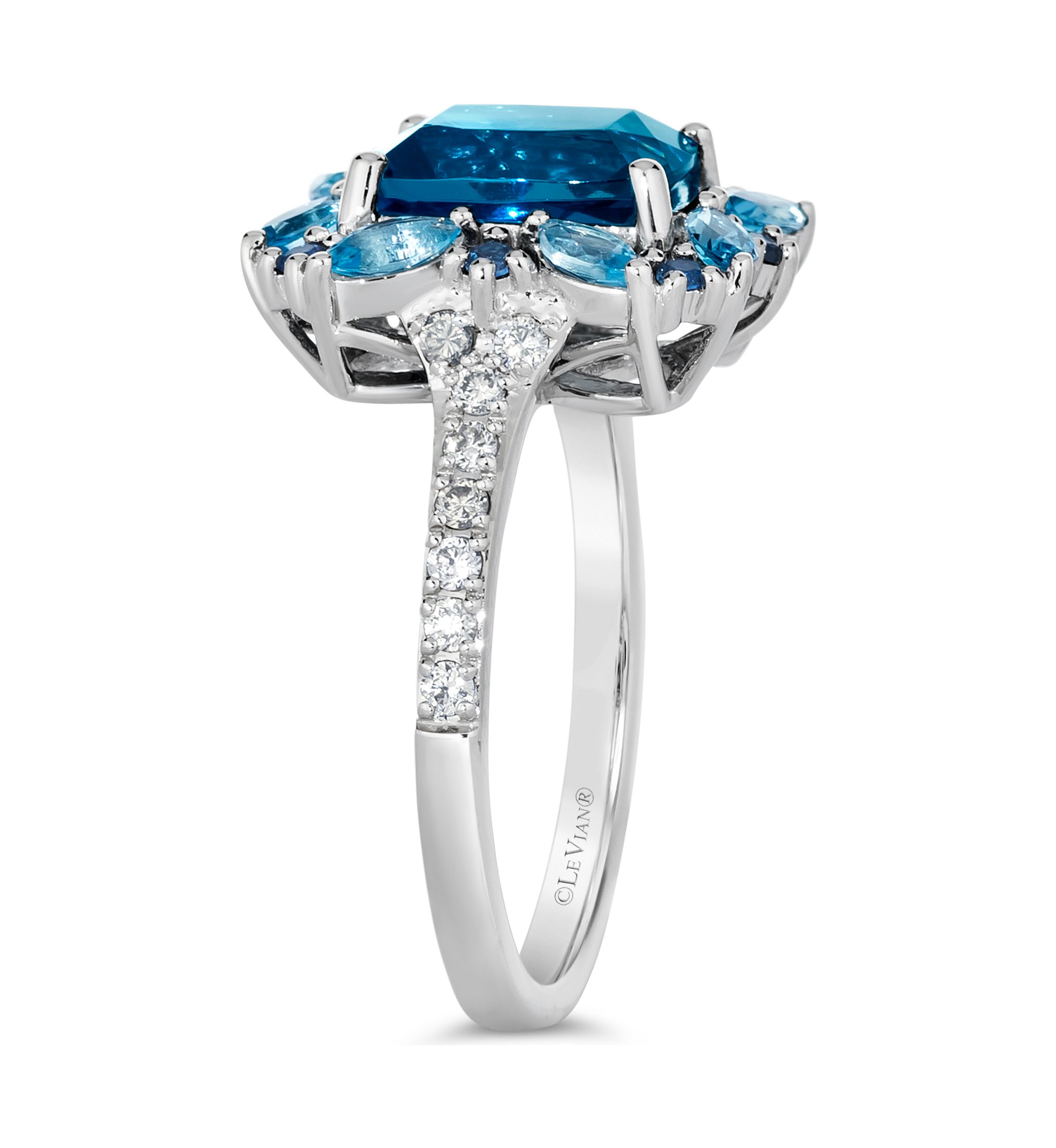  Ring featuring 2.2 ct. t.w. Deep Sea Blue Topaz™, 1/2 ct. t.w. Blue Topaz, 1/8 ct. t.w. Blueberry Sapphire™, 1/5 ct. t.w. Nude Diamonds™ set in 14K Vanilla Gold®