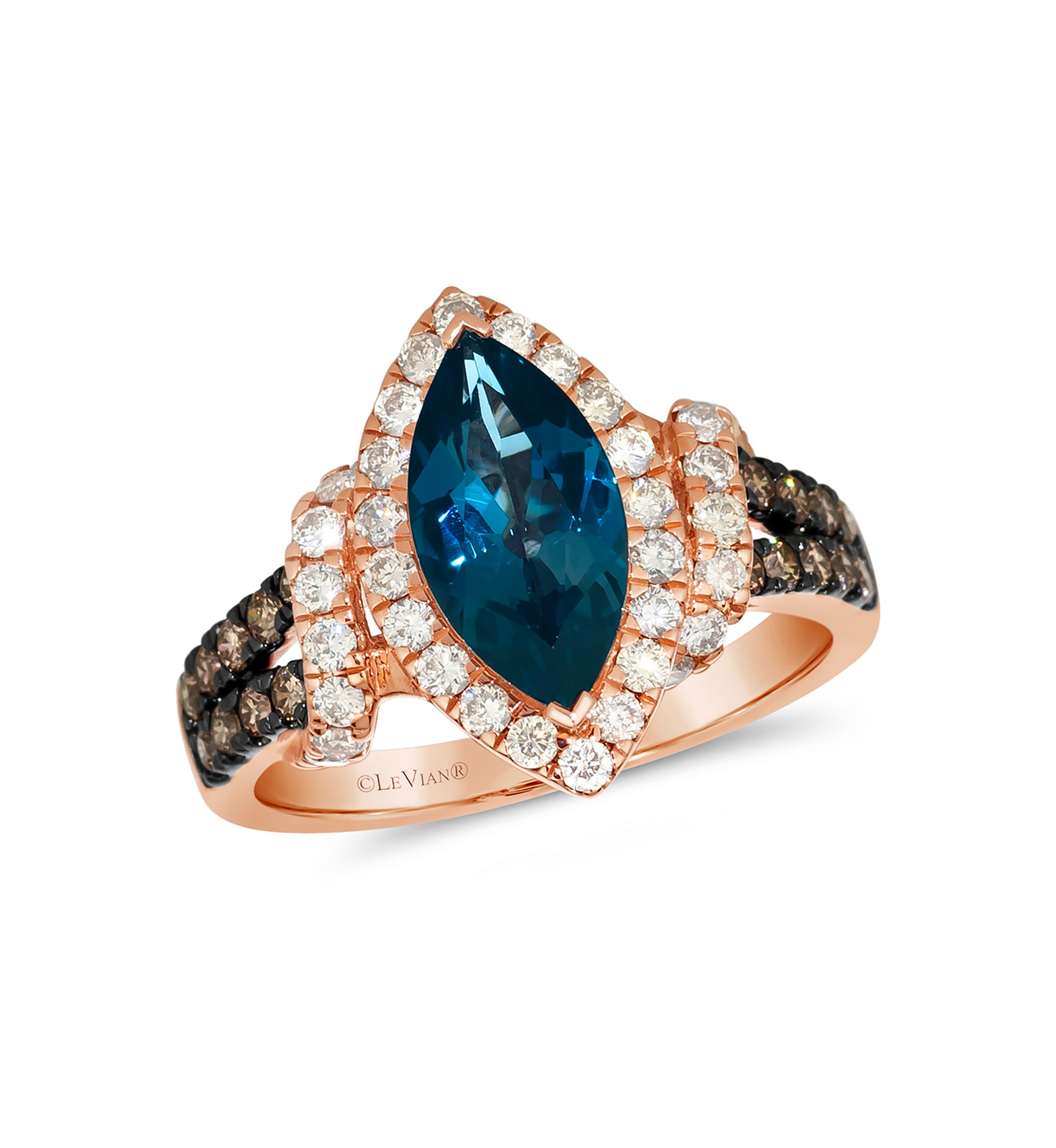 1.75 ct. t.w. Deep Sea Blue Topaz™, 1/2 ct. t.w. Nude Diamonds™, 1/4 ct. t.w. Chocolate Diamonds® Ring in 14K Strawberry Gold®