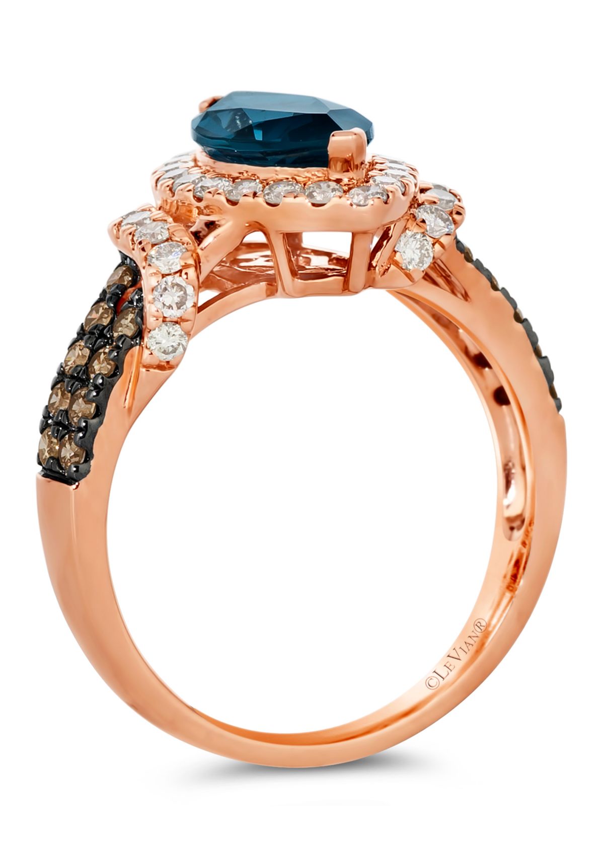 1.75 ct. t.w. Deep Sea Blue Topaz™, 1/2 ct. t.w. Nude Diamonds™, 1/4 ct. t.w. Chocolate Diamonds® Ring in 14K Strawberry Gold®