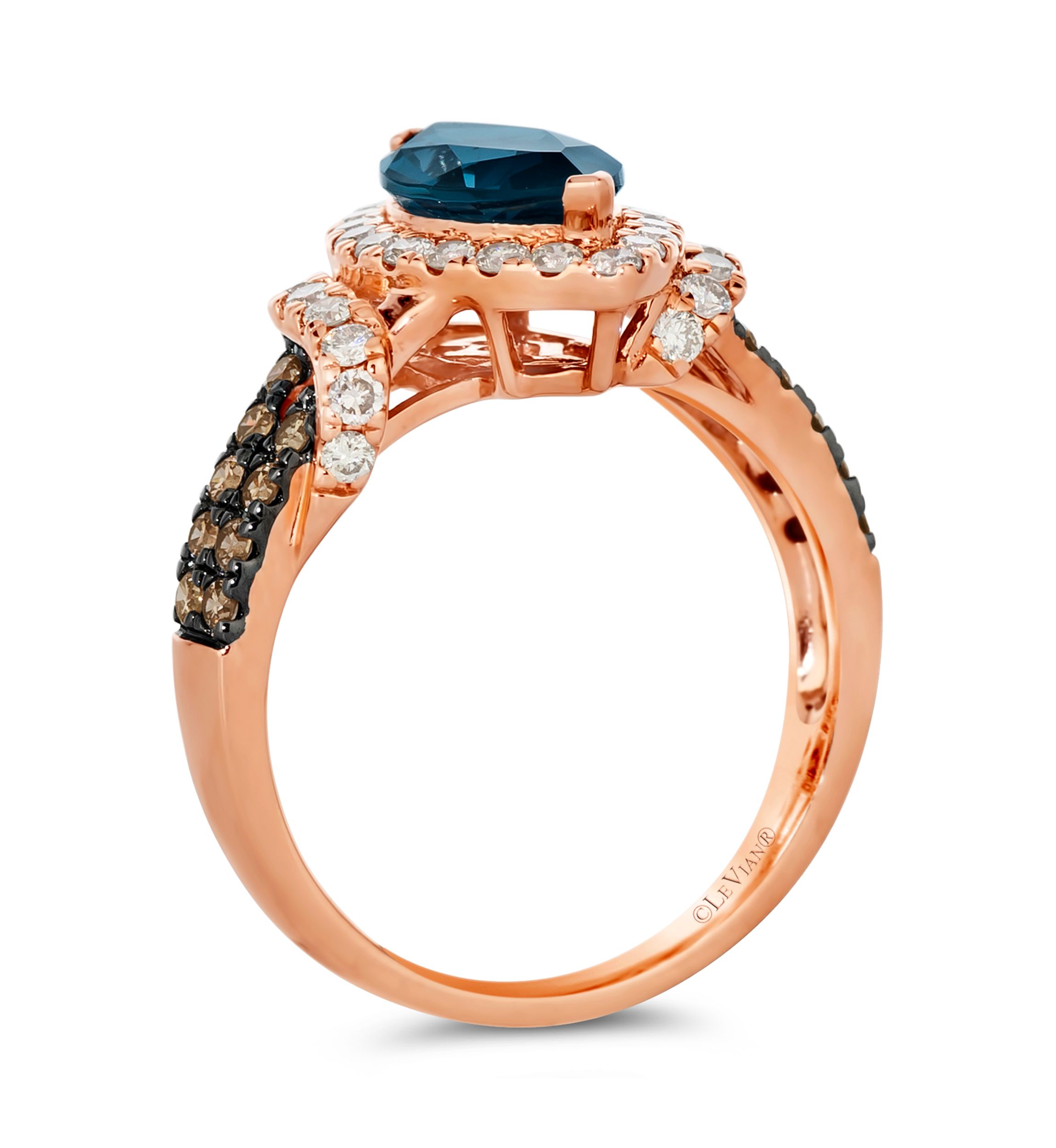 1.75 ct. t.w. Deep Sea Blue Topaz™, 1/2 ct. t.w. Nude Diamonds™, 1/4 ct. t.w. Chocolate Diamonds® Ring in 14K Strawberry Gold®