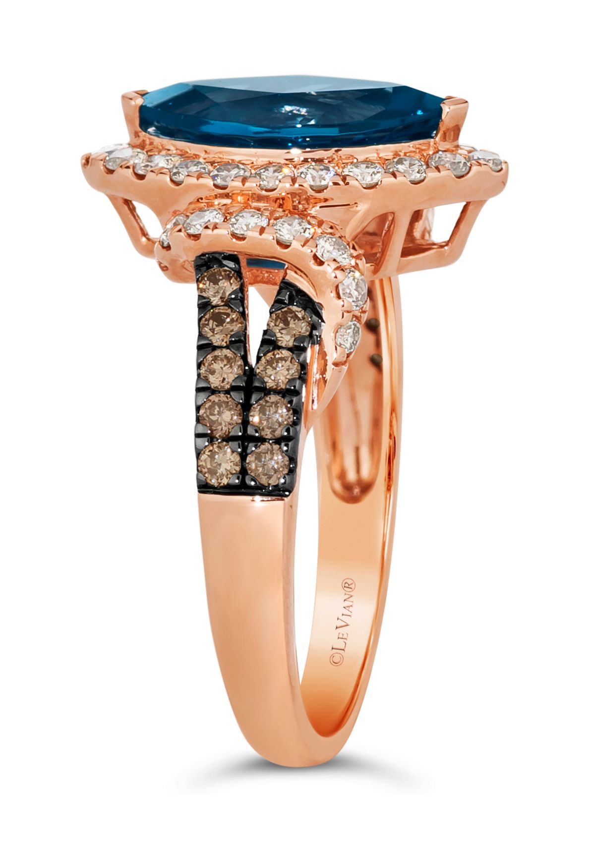 1.75 ct. t.w. Deep Sea Blue Topaz™, 1/2 ct. t.w. Nude Diamonds™, 1/4 ct. t.w. Chocolate Diamonds® Ring in 14K Strawberry Gold®