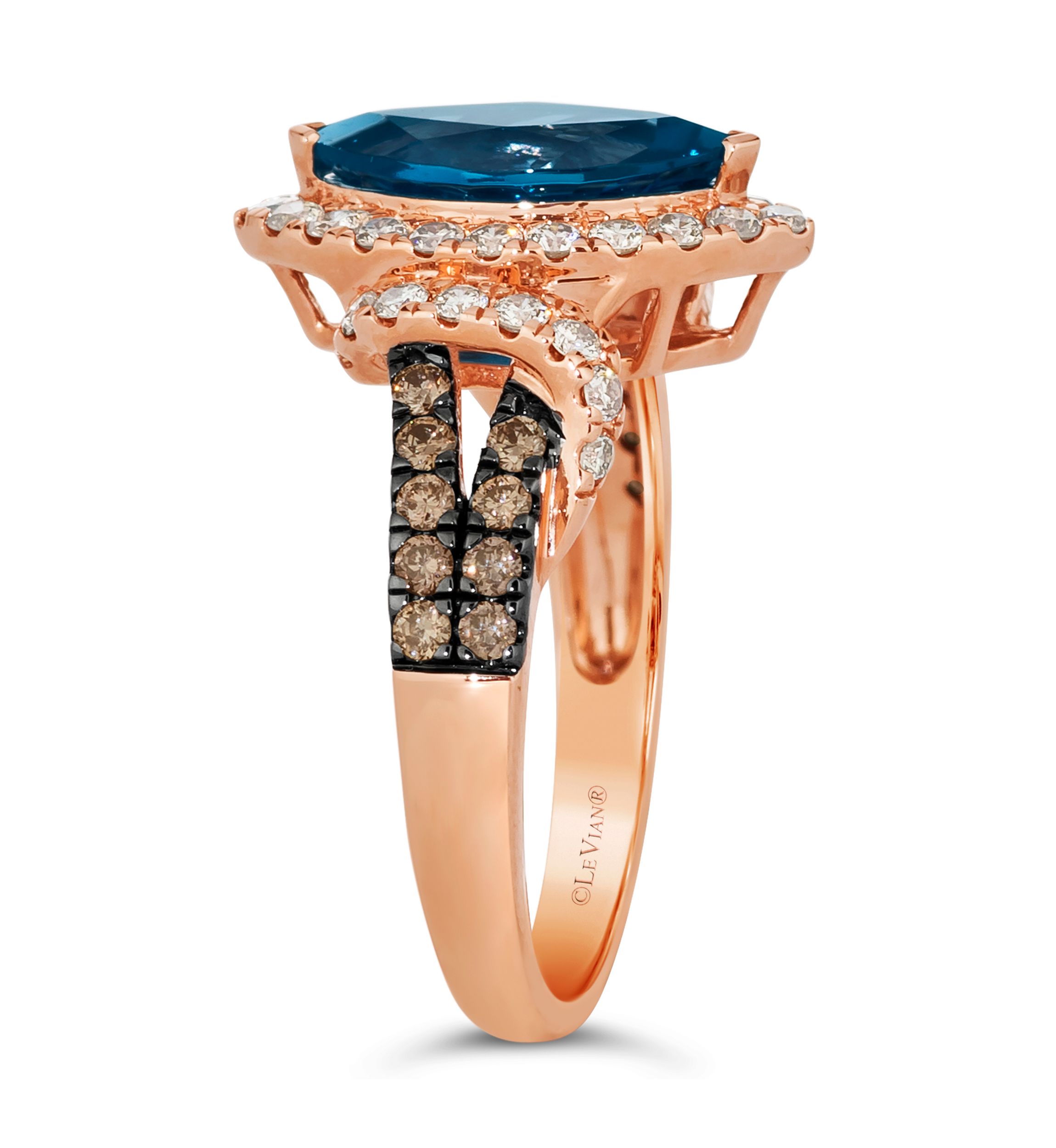 1.75 ct. t.w. Deep Sea Blue Topaz™, 1/2 ct. t.w. Nude Diamonds™, 1/4 ct. t.w. Chocolate Diamonds® Ring in 14K Strawberry Gold®
