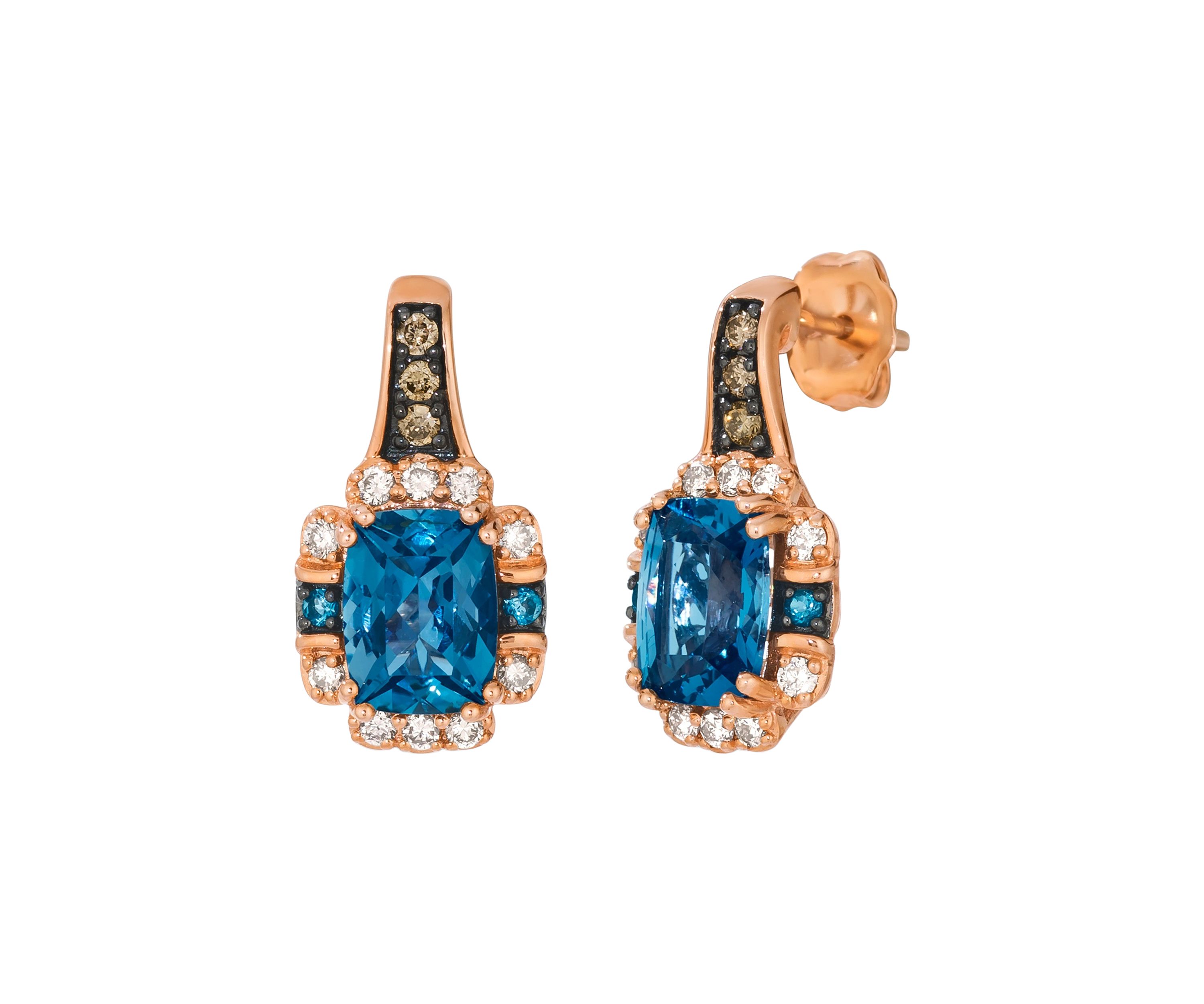 2.87 ct. t.w. Deep Sea Blue Topaz™, 1/10 ct. t.w. Chocolate Diamonds®, 1/4 ct. t.w. Nude Diamonds™ Earrings in 14K Strawberry Gold®