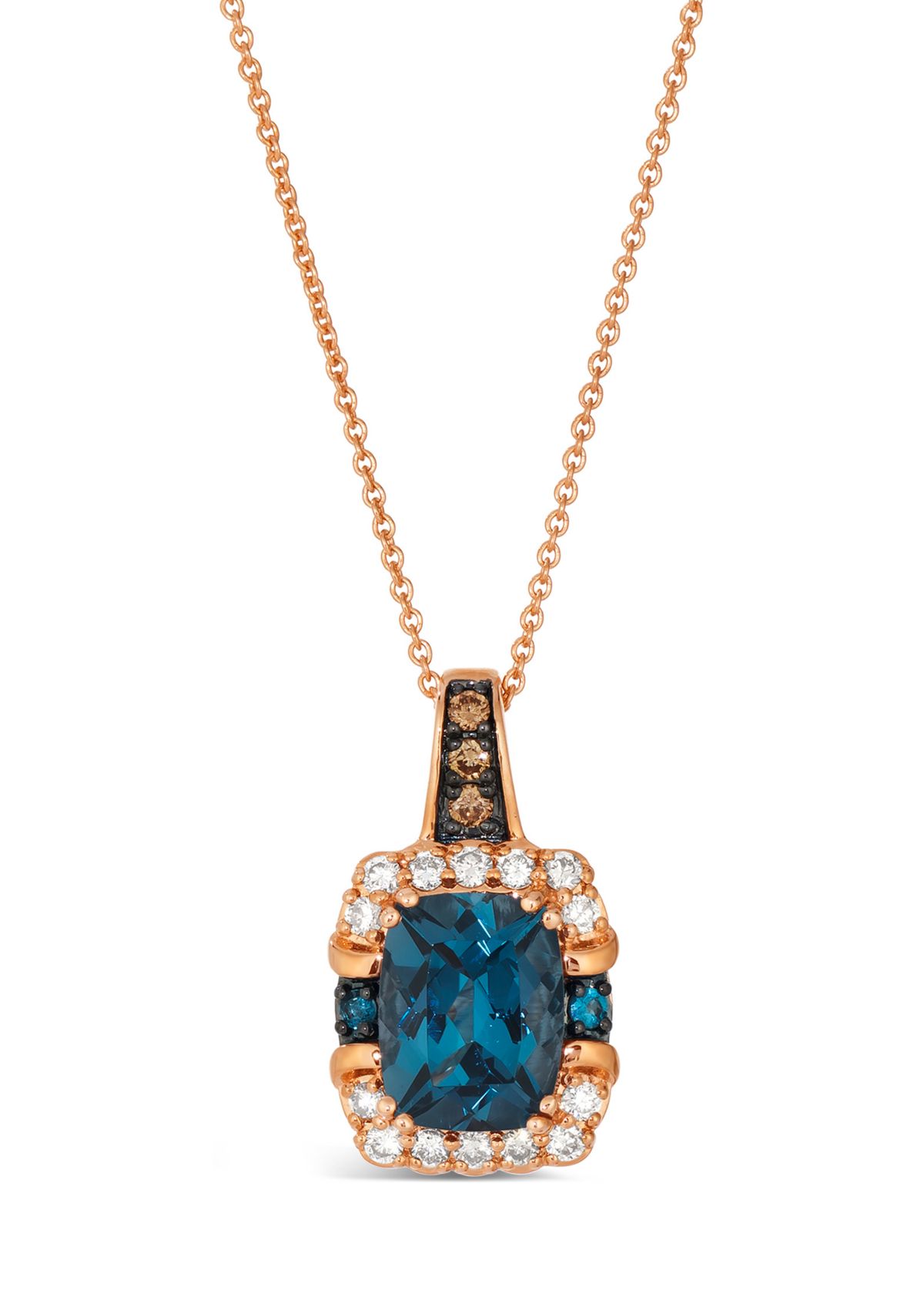 Pendant featuring 2.25 ct. t.w. Deep Sea Blue Topaz™, 1/20 ct. t.w. Chocolate Diamonds®, 1/5 ct. t.w. Nude Diamonds™ set in 14K Strawberry Gold®