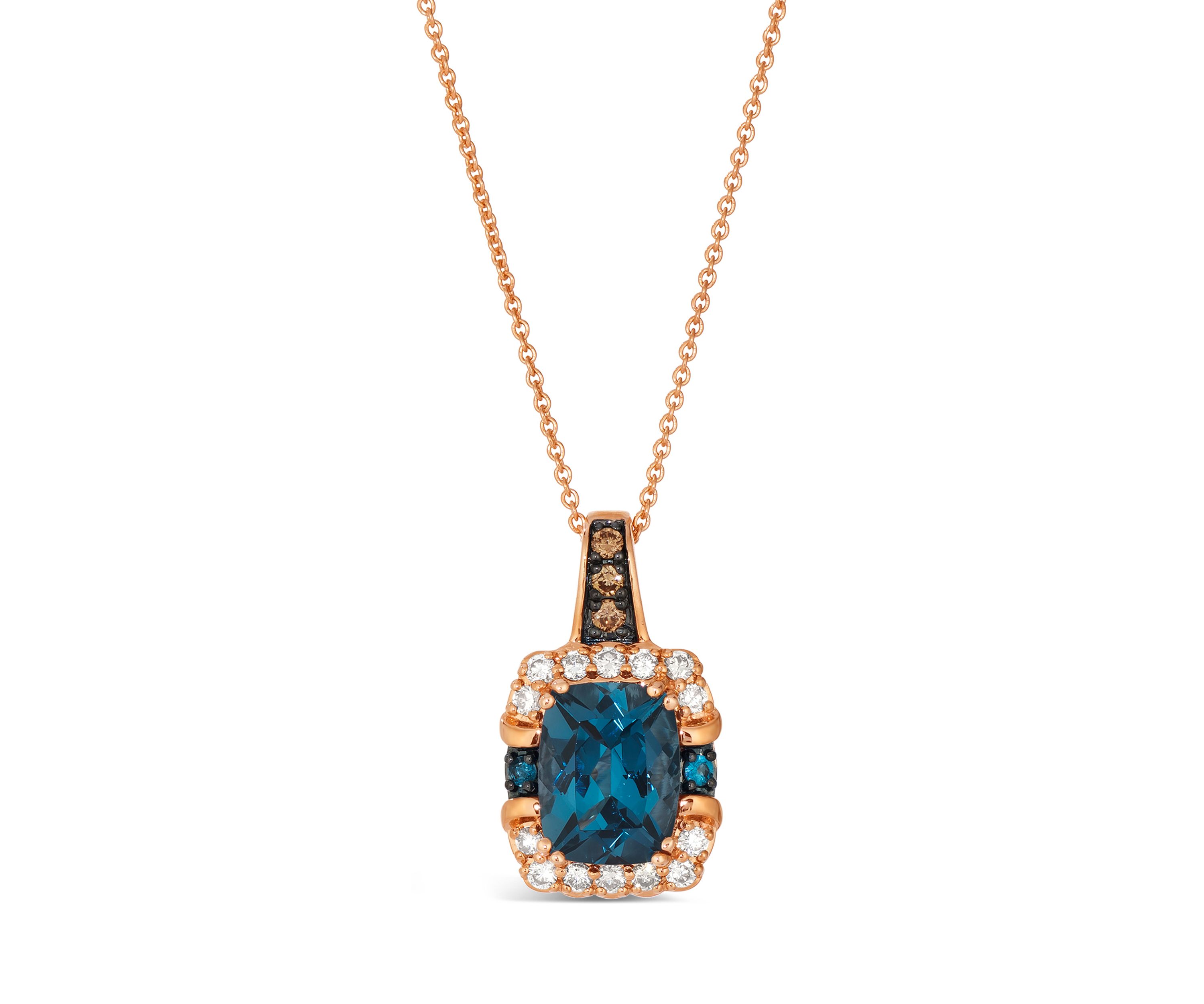 Pendant featuring 2.25 ct. t.w. Deep Sea Blue Topaz™, 1/20 ct. t.w. Chocolate Diamonds®, 1/5 ct. t.w. Nude Diamonds™ set in 14K Strawberry Gold®