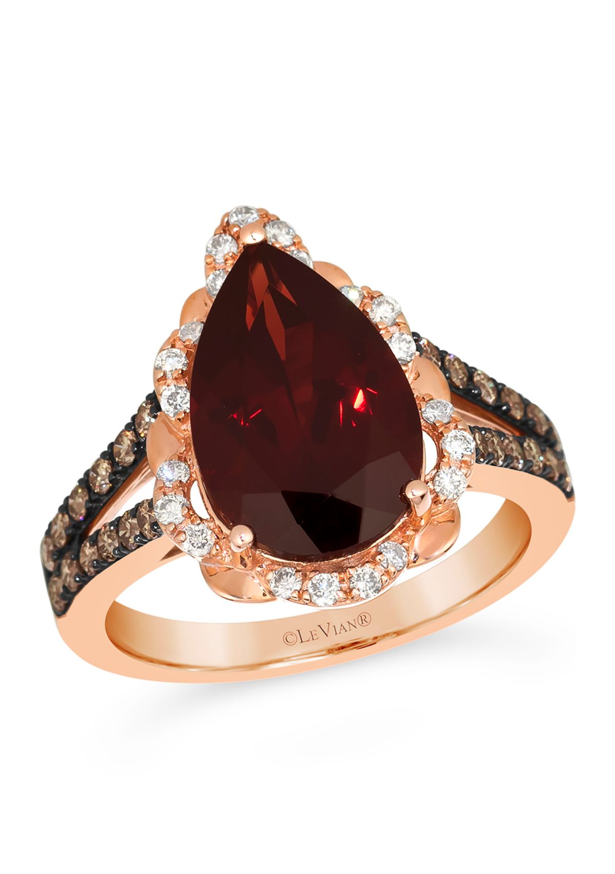 5 ct. t.w. Pomegranate Garnet™, 1/3 ct. t.w. Chocolate Diamonds®, 1/5 ct. t.w. Nude Diamonds™ Pear Ring in 14K Strawberry Gold®